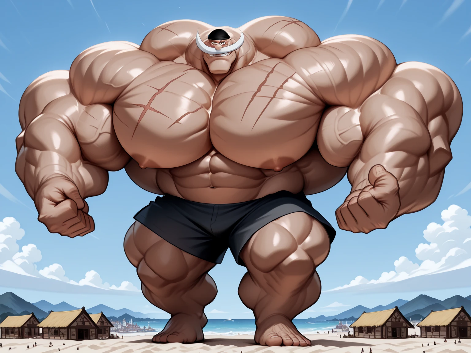 1 asian dad, handsome, giant, buzz black haircut, model shoot style, looking at camera, standing, action pose, outdoor, at the lagoon, strong body, bulk, naked, armpit, wear white swimwear underpants, bulge, big, brutalmass, giant, muscular body, bulk, massive body, large meaty body size, brown veiny skin, big arms, ballooning meaty pecs, big butt. Wet, water splash, ocean waves, UHD, Realistic, intricate detail