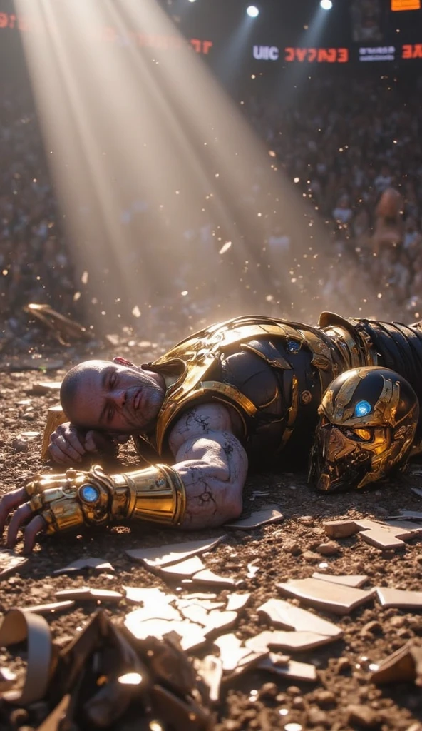 ((masterpiece, best quality)),(complex light),alone,alone focus,1 boy,Asura, white hair, glowing eyes, furious, Golden arm, Simple background, laying on his back, sitting, hands tied up, bondage, defeated in battle, hurt, injured, screaming in pain, naked, Destroyed debris background,