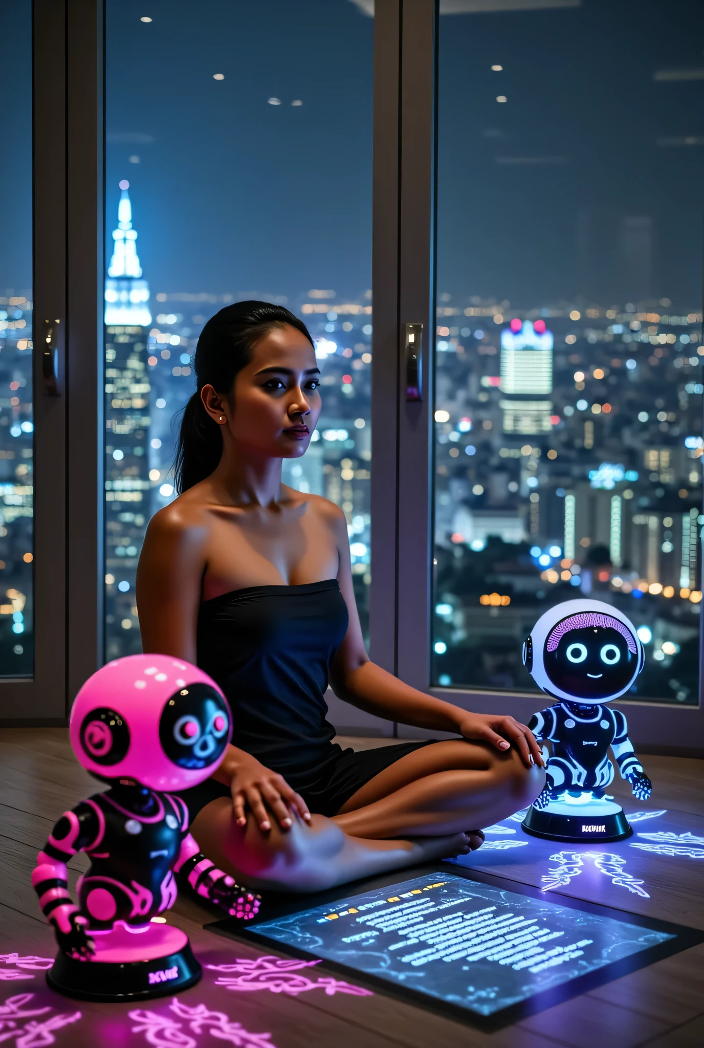 A beautiful indonesian woman with dark hair 30-year-old with tanned skin and shoulder-length hair sits in a meditation pose on a holographic yoga mat. The scene takes place in a futuristic cyberpunk apartment with large windows overlooking a neon-lit megacity. Colorful holographic projections emanate from the floor around her. By her side, two adorable toy-like robots - one flashy pink and the other magenta blue - are busy working: they project holographic screens showing code, data analytics, and a website under construction. The robots have large expressive eyes and rounded designs giving them a kawaii appearance. Thin, luminous cables subtly connect the robots to various high-tech devices scattered throughout the room. The overall atmosphere blends zen serenity with advanced technology, featuring contrasting lighting between the soft meditation glow around the woman and the vibrant neons from the robots and the city outside.