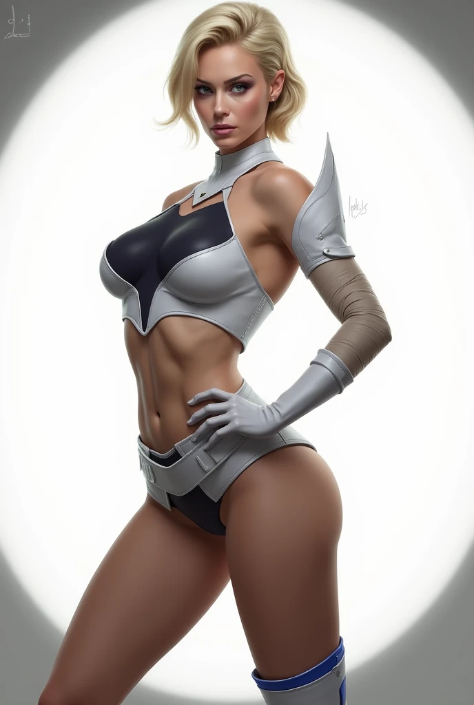 1girl, blonde, shoulder-length, detailed face, detailed eyes, detailed lips, dark blue leotard, white collar, white belt, white gloves, white boots, cut-out belly