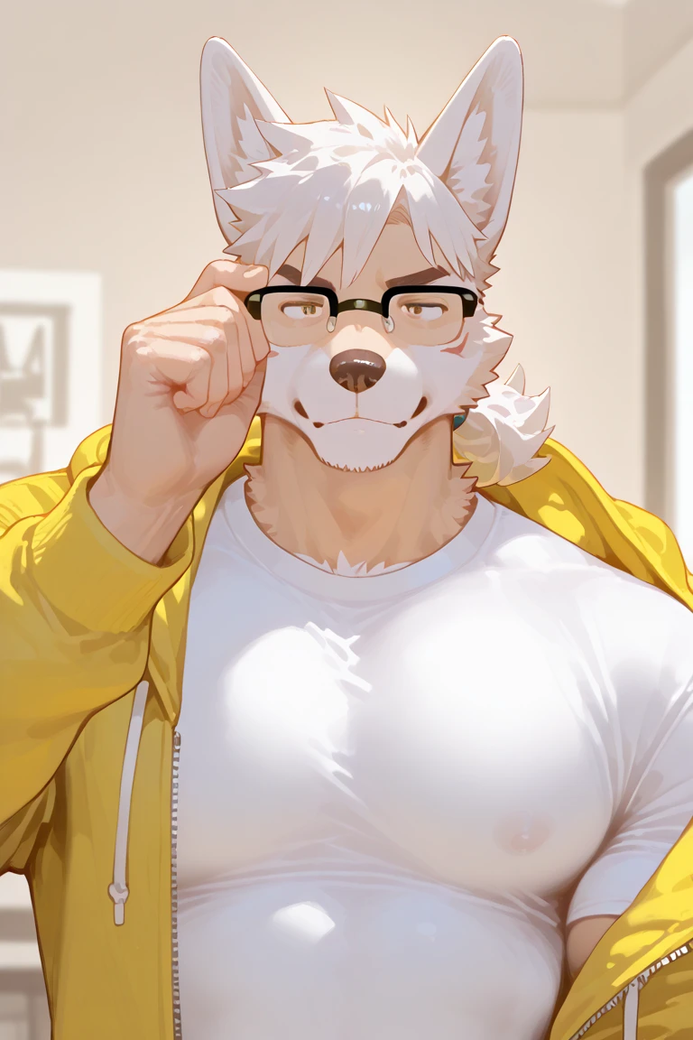 ((solo)), (by milkytiger1145), by foxfawl, by doppel, by darkgem, (male, male focus), anthro, furry, (shortstack, shota:1.1), (young, cub:1.1), wolf boy, black round glasses, half-closed eyes, light blue eyes, animal nose, white fur, black hair, hair tuff, (shy), muscular, defined abs, (topless), (naked), (nude), (hyper penis, long penis, veiny penis, foreskin:1.2), muscular, (hyper muscles:1.3), (veiny balls, huge balls), motion_lines, (saggy balls:1.1), (sweaty:1.4), vibrant colors, (blushing:1.2), (motion lines:1.4), (speed lines:1.3), indoor, public toilet, ((urinals)), standing, on side, looking_at_viewer, arm_raised, (close-up, face focus), sagging balls, vibrant colors, colorful, absurd res, ((selfie)), full-length_portrait, from above, hand on penis