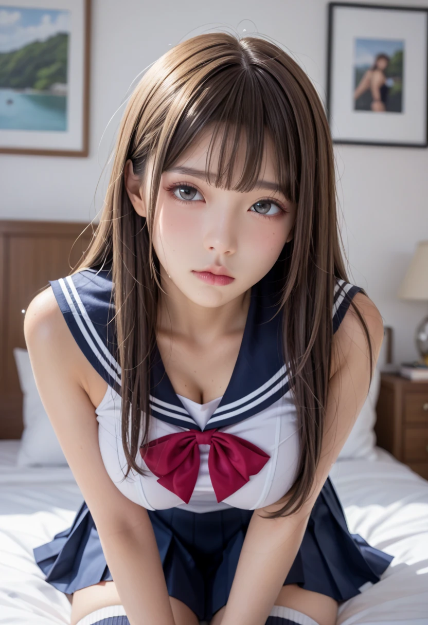 highest quality,Ultra-detailed,masterpiece,Realistic,Photo realistic,Bright lighting,One Girl, Very beautiful 17 year old girl, (cute:1.2),A faint smile, (Brown eyes),(Black Hair),(Bans),Perfect glowing skin,Perfect Skin,((erotic,Sexy and sexually explicit)),((Accurate needles without discomfort)), Big ample breasts,Big breasts and small waist, Look at the viewers,((Sailor suit)),((Short sleeve uniform white shirt)),(Red tie),((Mini pleated skirt in blue)), socks, (黒のニーsocks),(Loafer shoes), Daytime,