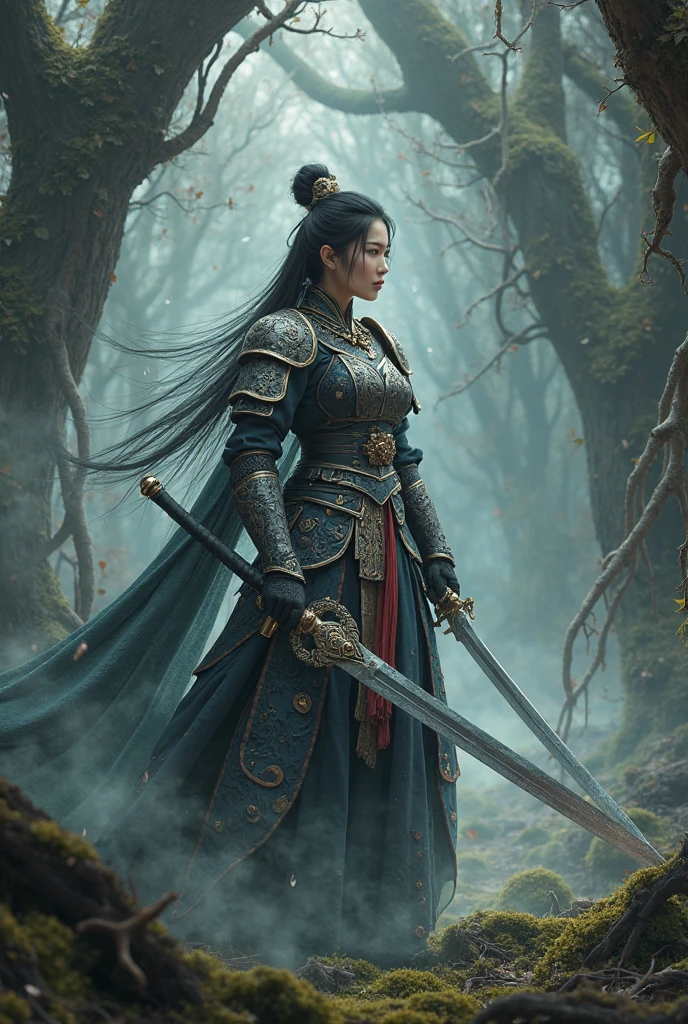 A beautiful Korean warrior princess yielding a sword against the darkness dwell in a mysterious forest. She looks determined, 
