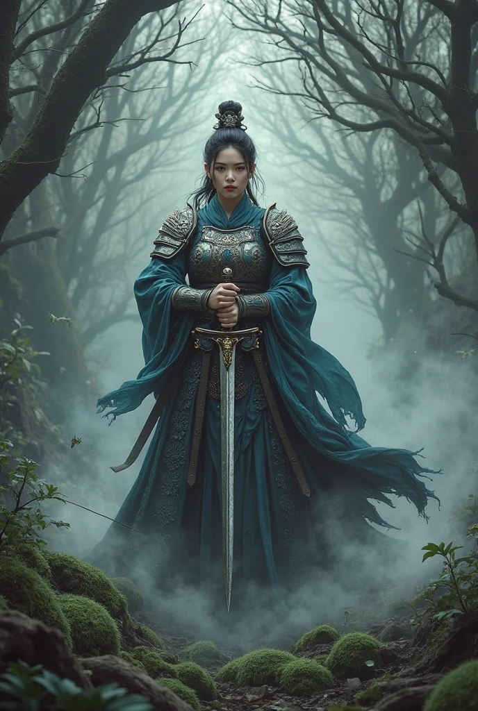 A beautiful Korean warrior princess yielding a sword against the darkness dwell in a mysterious forest. She looks determined, 