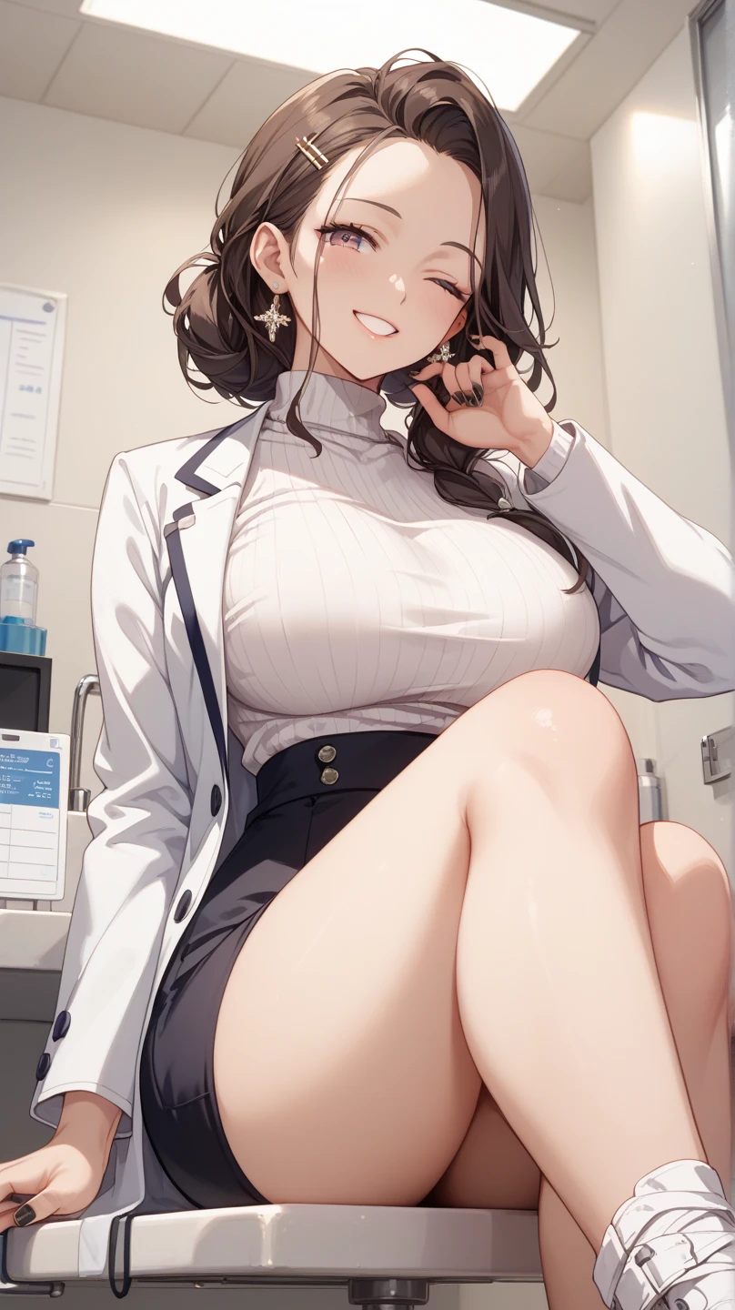 ((Tabletop, highest quality, High resolution, , Pixel perfect, 4K,))), 1 female doctor, single, alone, beauty、The whole body is visible、 ((Mid-wave hair, bangs, Brown Hair)), ((Brown eyes, Beautiful eyelashes, Realistic eyes)), ((Detailed face, Blushing:1.2)), ((Smooth texture:0.75, Realistic texture:0.65, Realistic:1.1, Anime CG Style)), Mid-chest, Dynamic Angle, Perfect body, (( , , Female doctor white coat、Black flared skirt、Chest))、、Very embarrassing panic smile, 、classroom、Sitting on the floor、Spread your legs wide、、(Showing off her white and pink floral lace panties、)、Angle from below)、