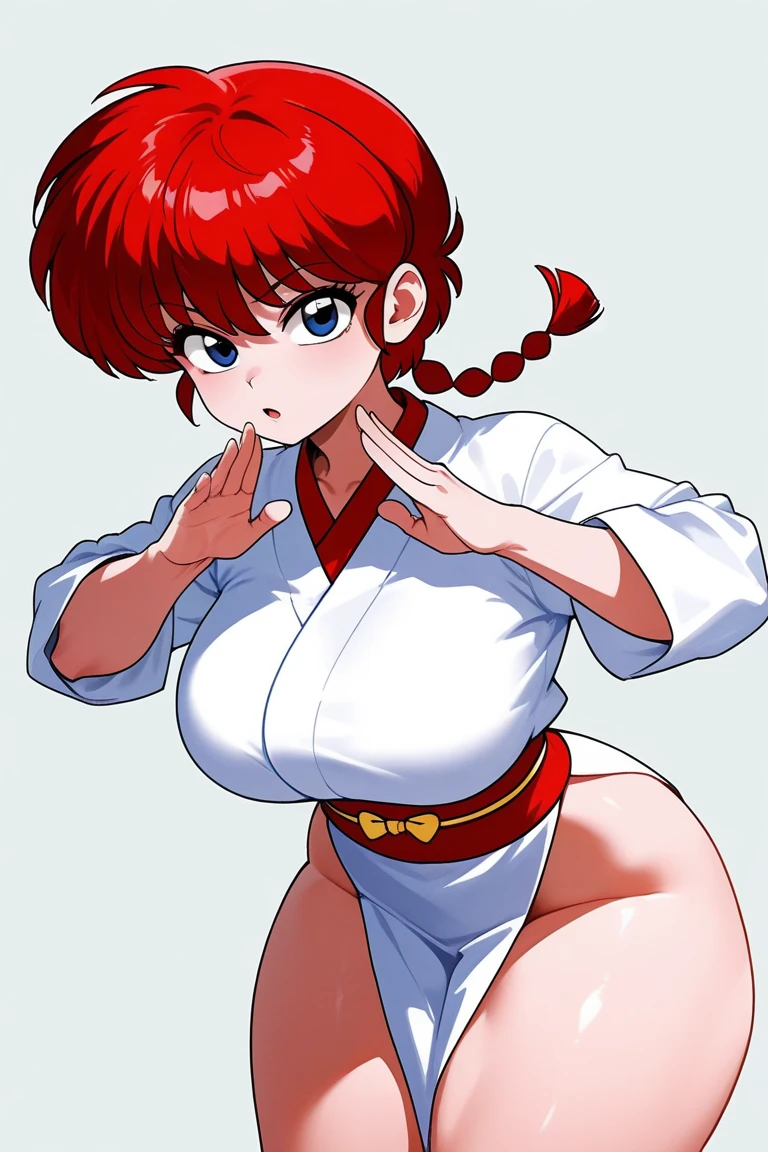 femaleranma, braided ponytail, gorgeous girl standing solo, ((arms behind back)), grin, serious face, lipstick, large blue-eyes, short red hair, blushing, perfect big , ((white judo gi, black belt)), ((super torn shirt open exhibing colossal cleavage)), perfect body, shining skin, perfect legs, thick thighs, masterpiece, best quality, highres, very detailed image, ((plain_backgorund:1.3))