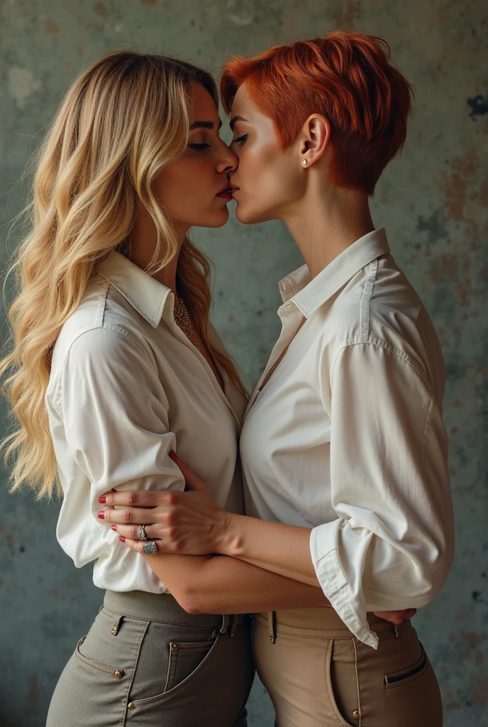 Red-haired woman wearing only panties kissing another blonde woman who wears only a pair of panties
