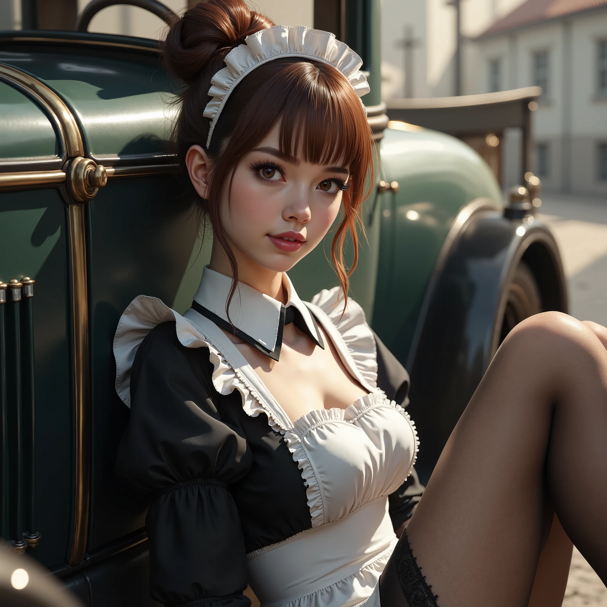 alluring cute young maid, lips parted, chestnut hair, loose bun, stockings, leaning on antique automobile,
