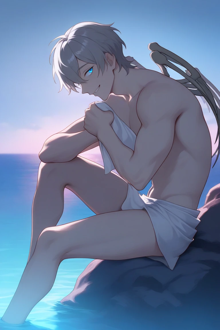 Hilichurl man, hilichurl mask, hairy body, muscular, white long socks on feet, black underwear, big bulge, ocean scenery, socks in Feet, lying with hands behind head, hair in armpit.