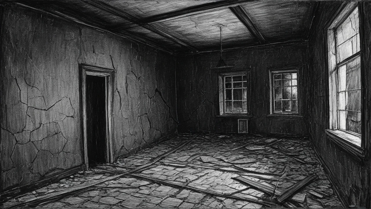 Make a room, with a dark apocalyptic setting, In this one, there is a person looking at the door and wearing a backpack on their back, at the door there are 2 rotting zombies with exposed wounds and the zombies' eyes are yellow.