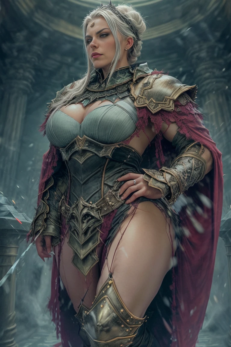 solo,1 Orcs, Super tall,The temperament of a queen,tmasterpiece,best qualityer,Hyper-detailing,Full body illustration,Fine and detailed eyes and detailed face) garments:There are animal earature female orcs,cruel grin,There are clothes on the upper body,Wrap the whole body,The lower body is wearing animal skin shorts,Pantyhose, Show stockings,allure:Tall,Plump body,Wide buttock,Large,Strong,There are muscles,Very high,Go ahead,(big assa:1.3),(thick thight:1.3),Taller than a tree,Clouduilding, red clothes