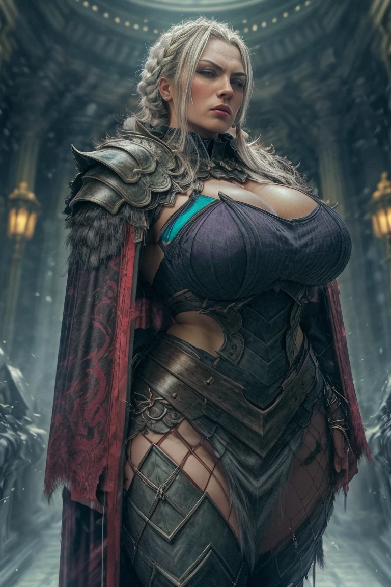 (best quality)), ((masterpiece)), ((Realistic,digital art)), (hyper detailed), (medieval style), (very old woman posing standing), cleavage huge sagging breasts, (huge breasts completely sagging), (completely sagging breasts), (focus on detailed anatomy of body), old fat body, (braided bun grey hair), large sparkling blue eyes, smiling facial expression, (detailed facial expression), leather corset, linen stockings, revealing slit simple dress, (detailled clothes), viking temple background, detailed environment, dramatic lighting, (Intricate detail), ((shallow depth of field)) (Cinematic lighting), HDR Enhancement, Ultra Fine Texture