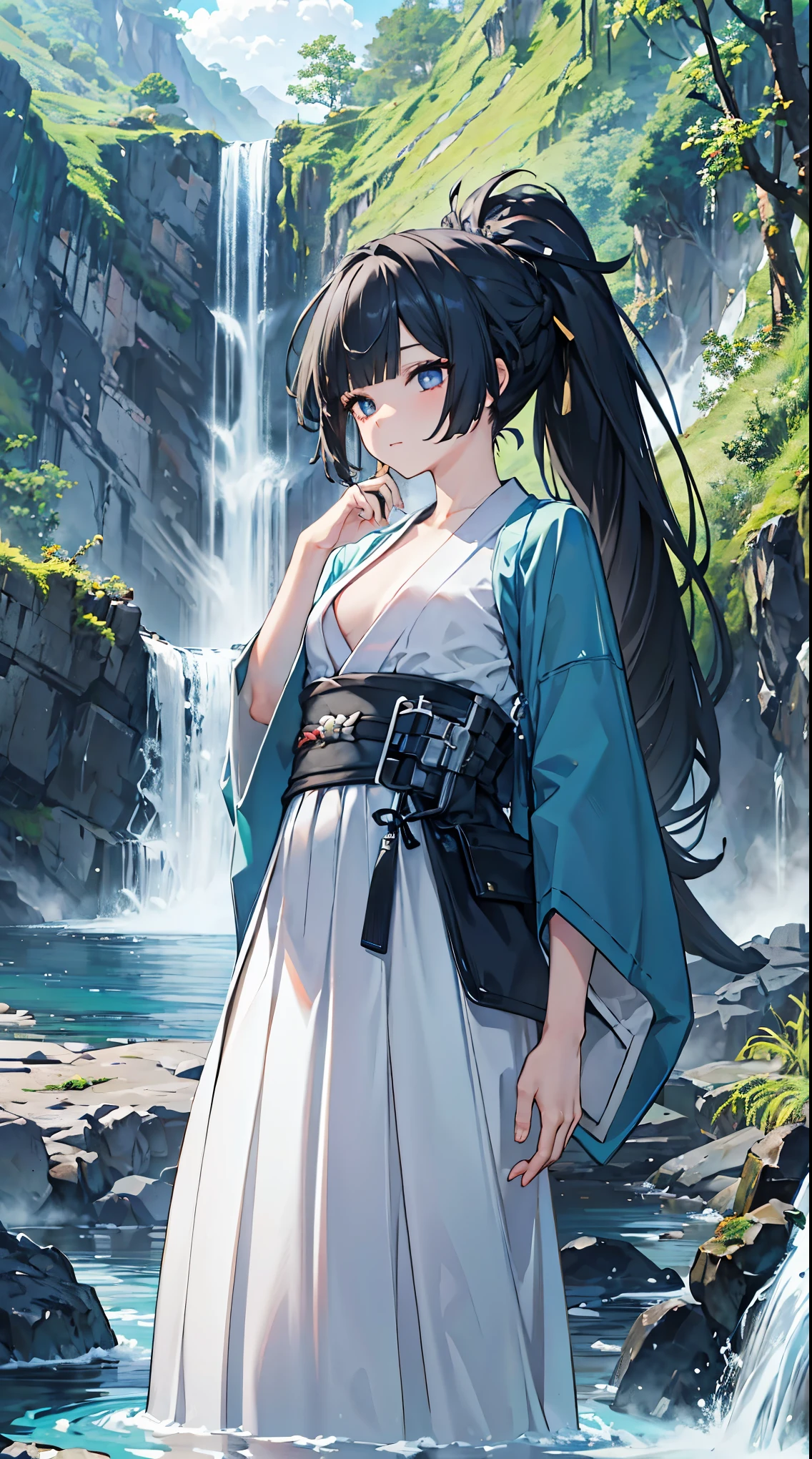 top grade 、、(Whitening skin)、black hair、ponytail,long hair、blue eyes、Petite、slender,Hakama, kimono,waterfall,、flat chest、red cheeks,relax,Baby Face