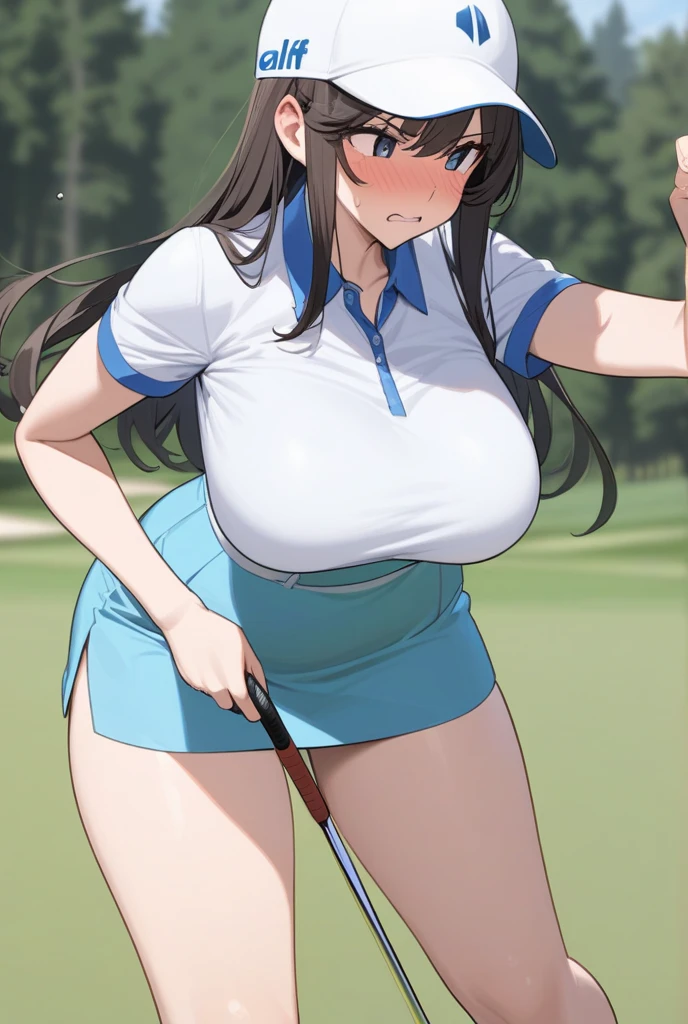 Mature women, playing golf, sweaty, huge breasts, curvy, masterpiece, unaligned breasts, sexy, multiple women in background, golf tournament, enjoying golf, white sports bra, nipple slip