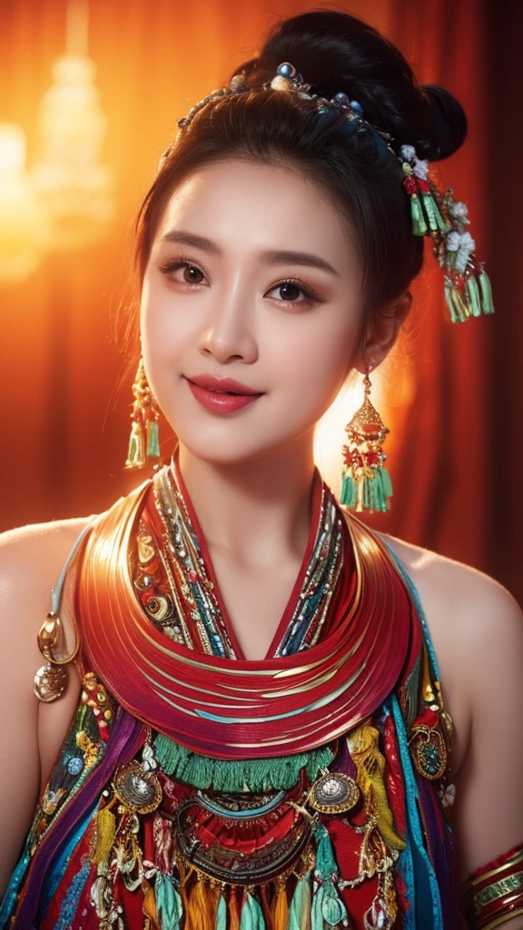 best quality, 8k, very delicate and beautiful, highly detailed face and skin texture, shiny skin, high resolution, huge tits sexy chinese girl in colorfull costume stand and smile in ancient temple, sharp focus