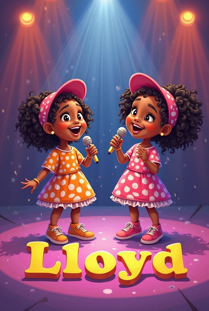 well detailed image, good image, high resolution, masterpiece, super high quality, colored illustration of two young girls singing into microphones , great likeness, trending on artstration, by Chinwe Chukwuogo-Roy, , amazing likeness, amazing art, by Charly Amani by Nadir Afonso, cgsociety 4k”, by Arie Smit, plain background, afro pluffy hairstyle