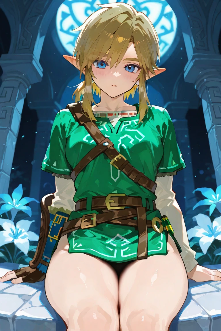 ((Highest quality)), ((Home)), (detailed), Expressive eyes, Perfect Face, short hair, Blonde Boy, my, Link, princess zelda clothes, The Legend of Zelda, Naked lower body , Penis in crotch , squat, Zelda&#39;s hair clip , Kind Face , tits, Watery eye , Sticking out tongue