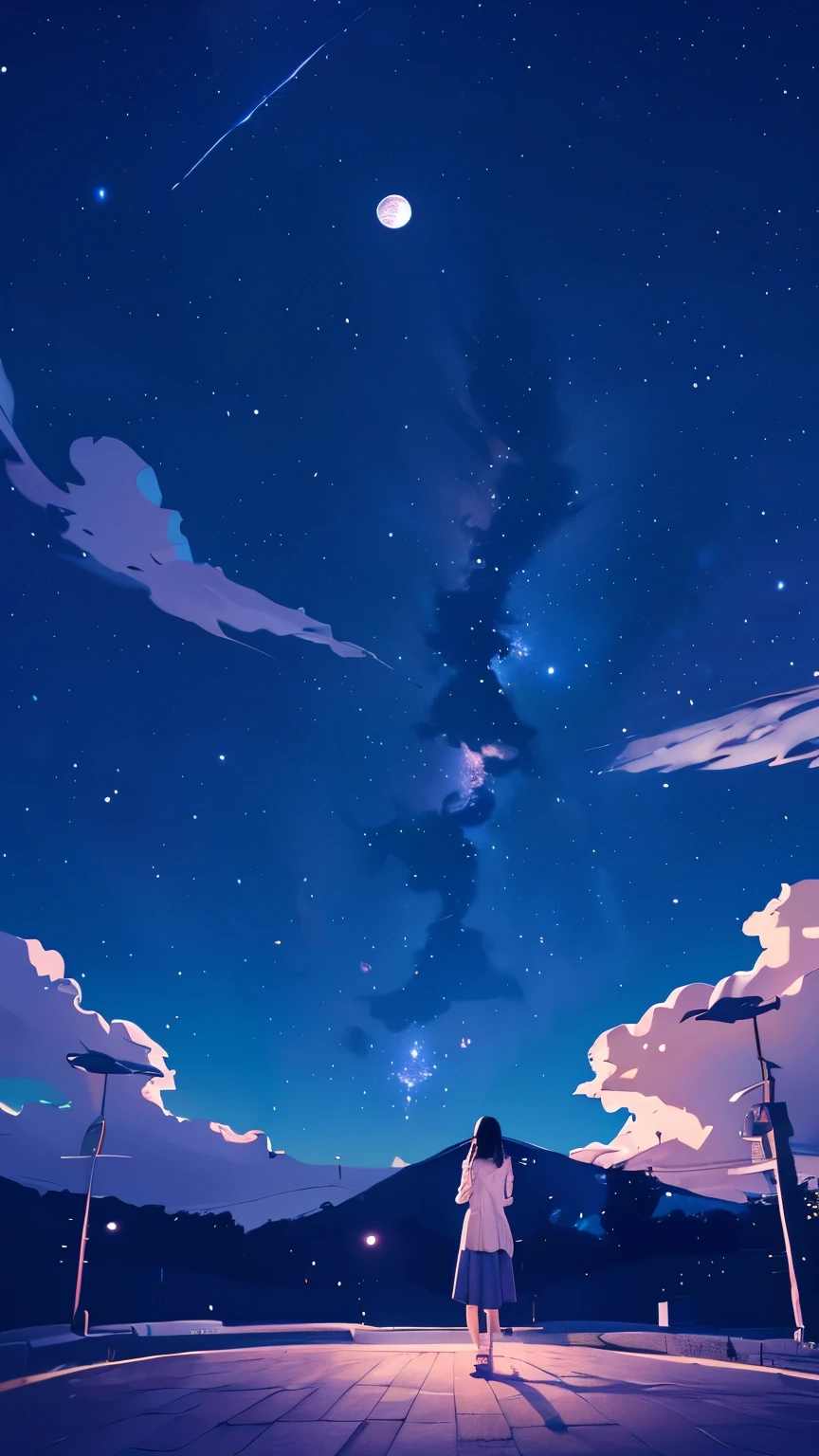 summer night、Rear View of a Pretty Girl Staring at the Milky Way、Dreaming Alone Girl、Majestic Milky Way and Clear Starry Sky、Night Clouds Illuminated by the Moon