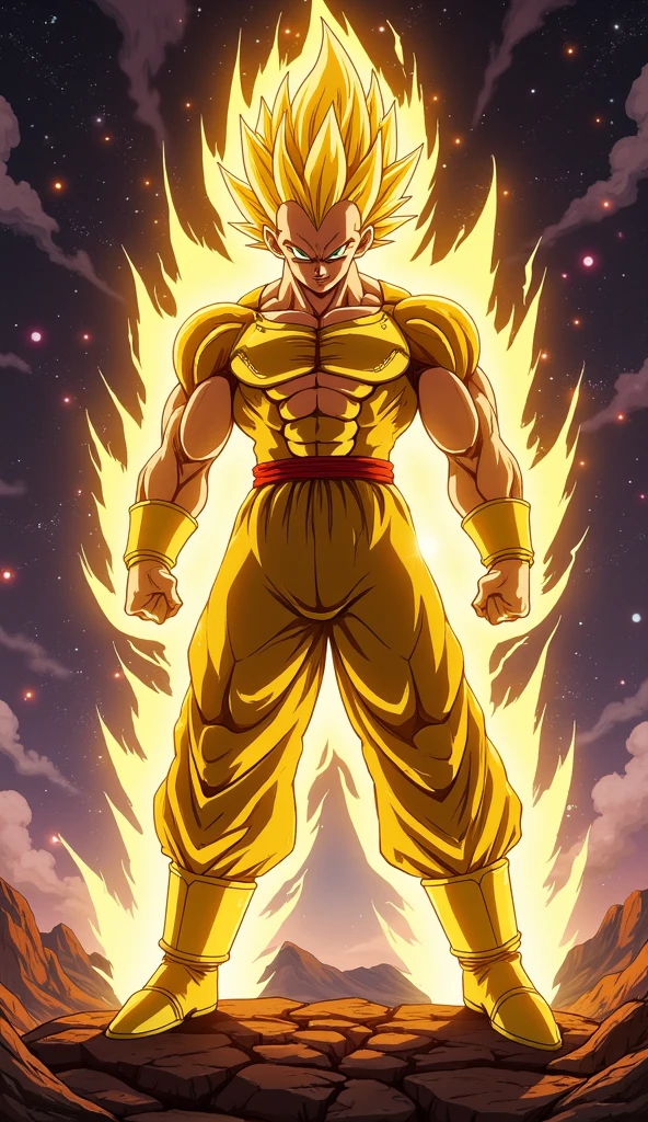 Vegeta ultra ego merge with wolverine ,power, muscular body, angry detailing face,yellow eyes, yellow,purple aura, roaring, , fighting pose, titanium clows coming out from, fist
