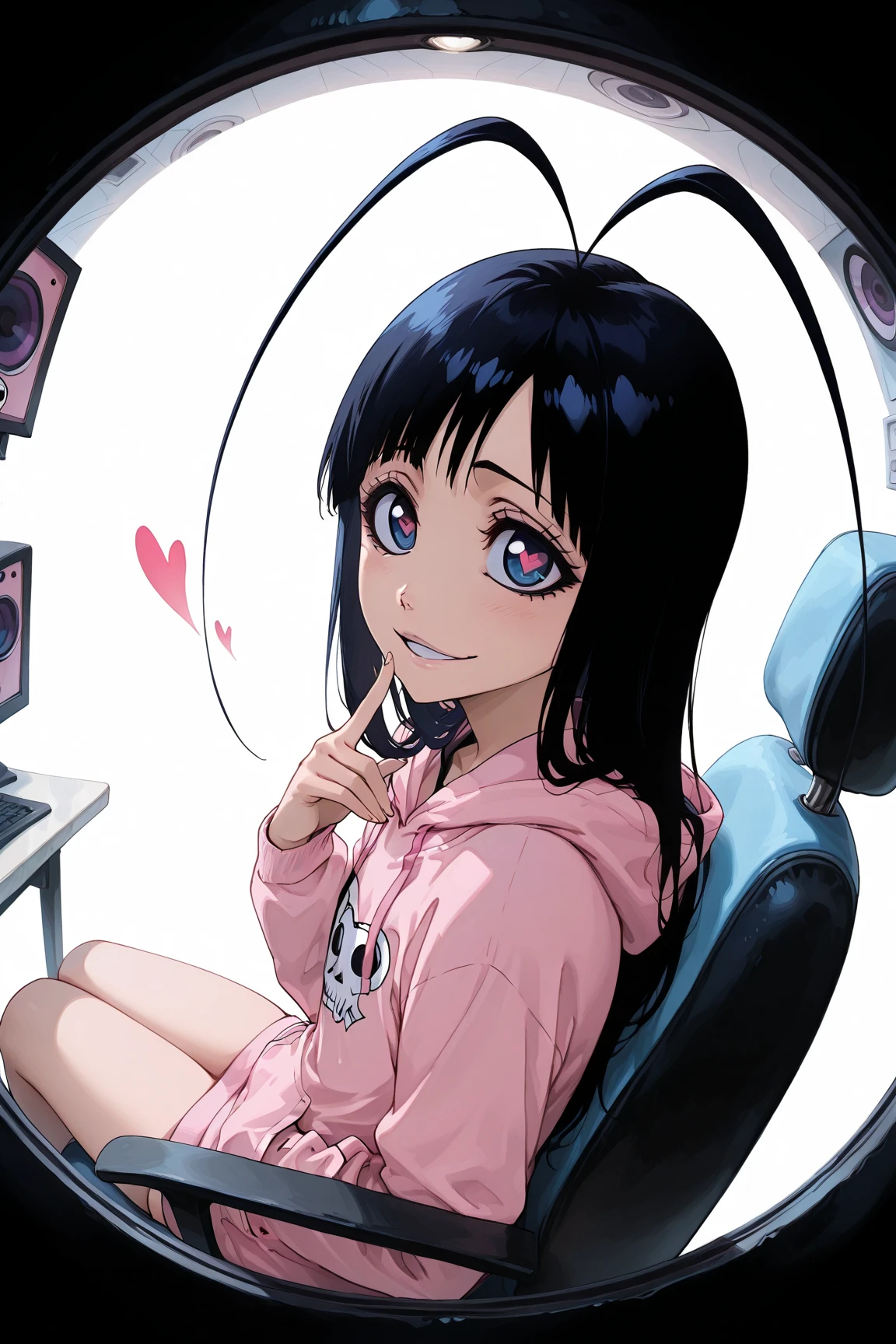 1girl, BLEACH, Giselle Gewelle, black hair, long hair, antenna hair, blue eyes, no accessory, monitoring, (left eye focus):1.2, (psychedelic):1.2, heart-shaped pupils, smile, colors, fisheye, pov peephole, from side, looking at viewer,
pink oversize hoodie,
sitting in a chair, seductive smile,
cute anime girl, masterpiece:1.2, (high-quality anime), (ultra-high resolution), (highly detailed beautiful face and eyes), (perfect eyes:1.2), (beautiful irises:1.2), (ultra-detailed eyes), sharp focus eyes, Enchanting Eyes, smooth skin, hair reflecting light,
young, slim, flat chest,
(natural and well-defined fingers, properly jointed fingers),