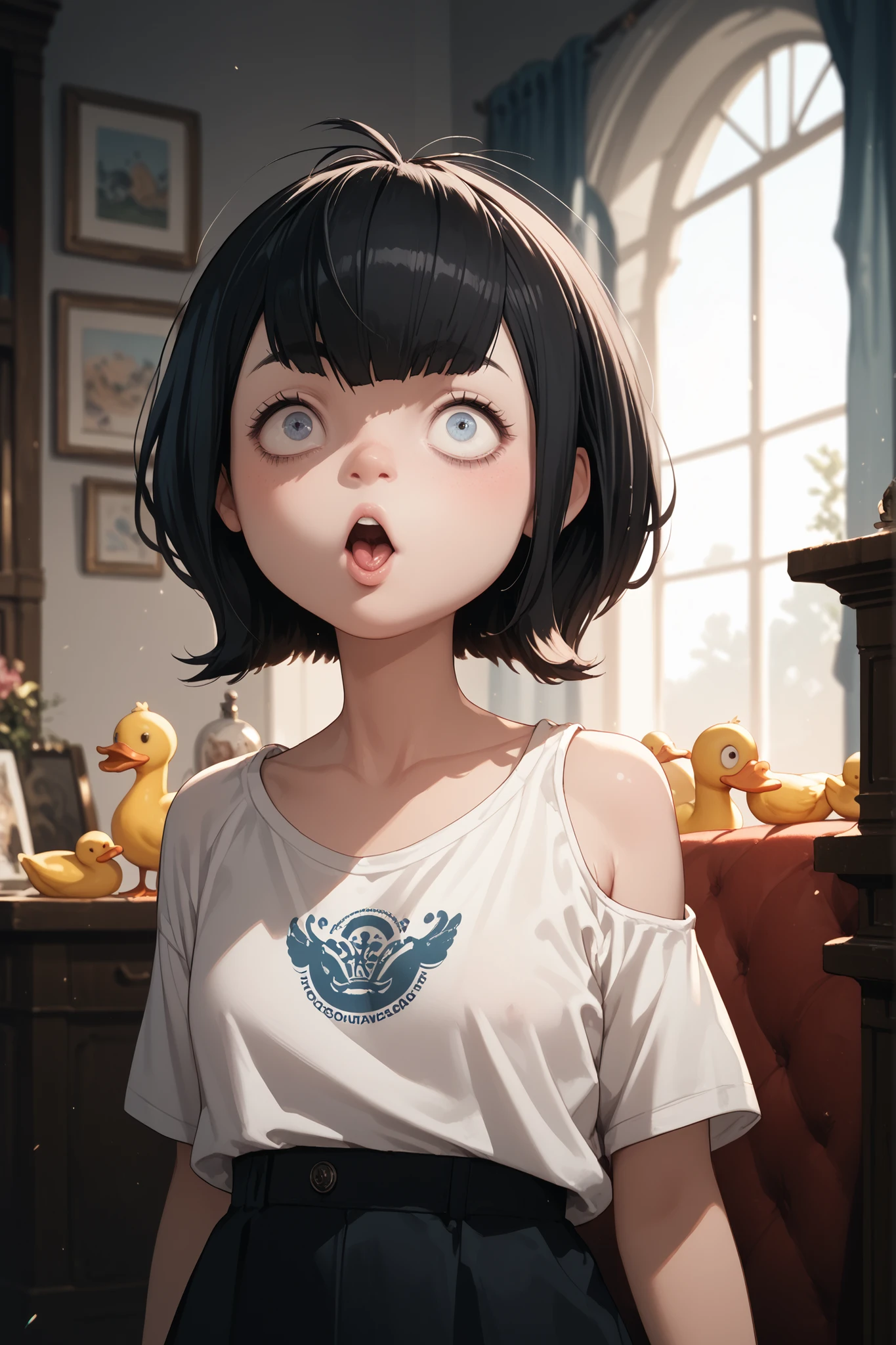 black hair, short cut, sagging eyes, boyish duck mouth