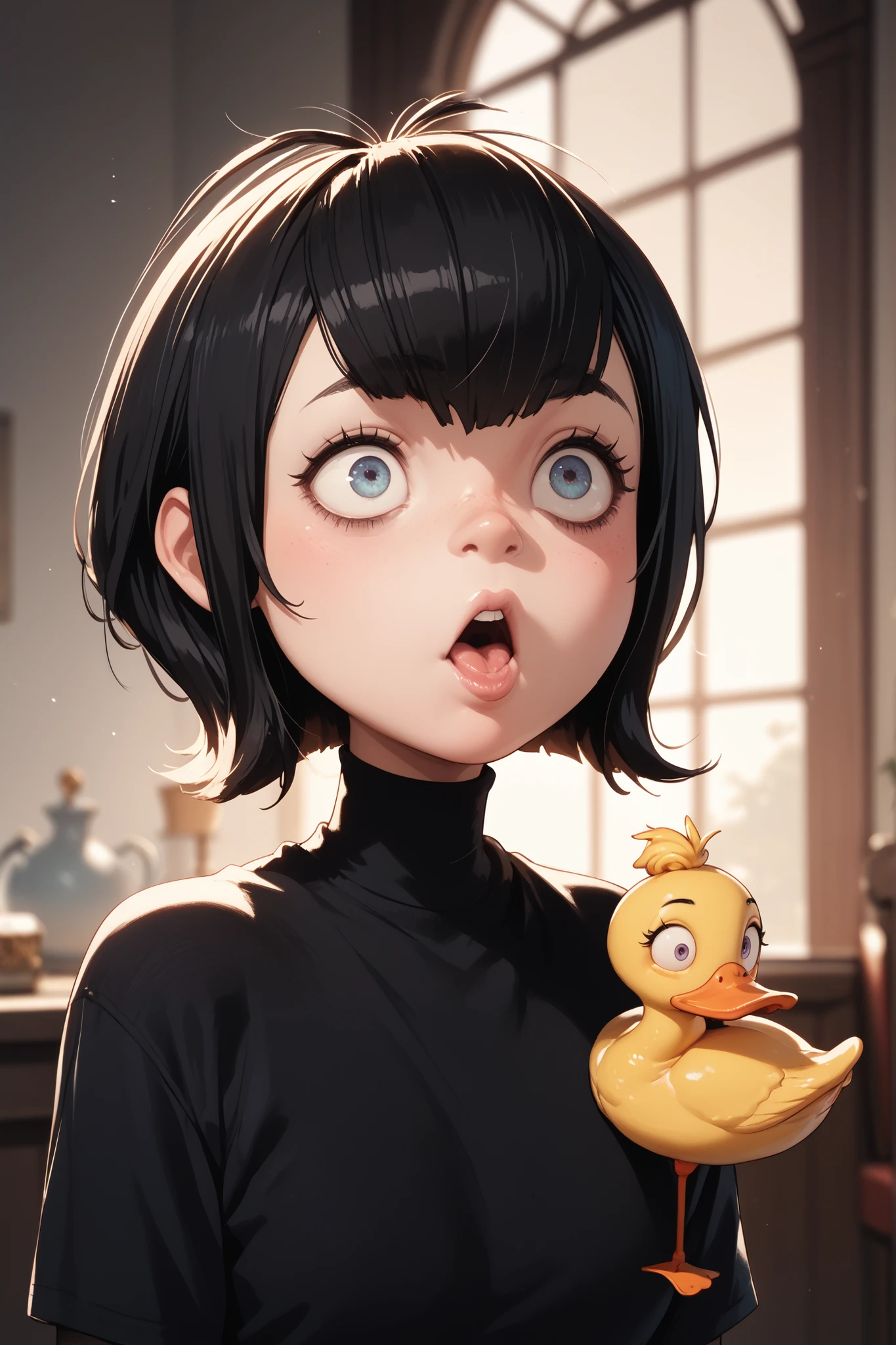 black hair, short cut, sagging eyes, boyish duck mouth