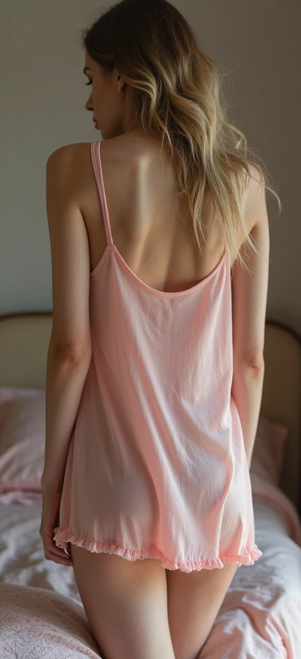 Pretty woman, wearing pink top, neck turned, looking at me, smirking, standing, back shot, ultra hd, realistic
