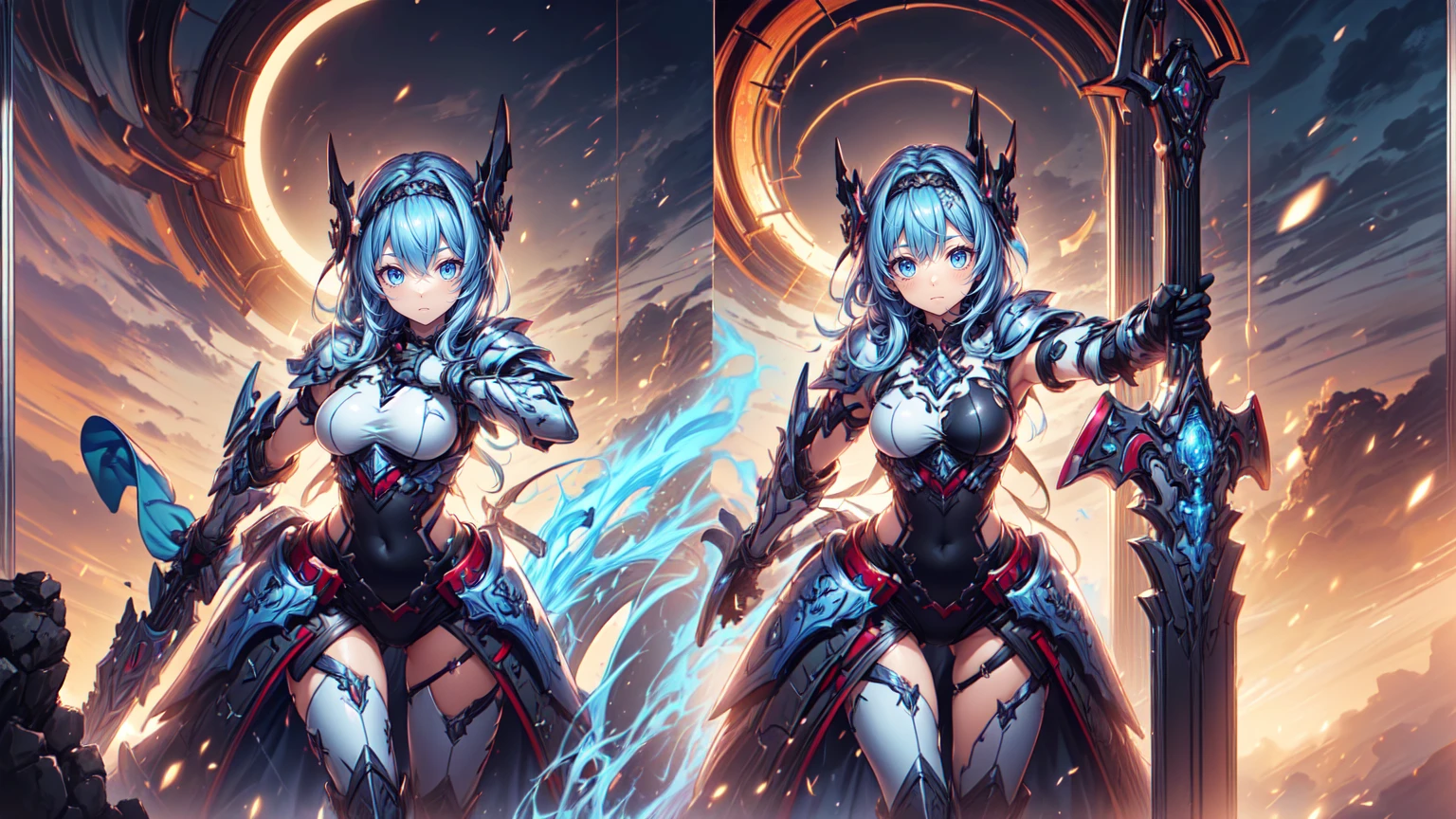 top-quality、Top image quality、masterpiece、girl with((Red Leotard、Black Mechanical Armor、sixteen years old、teen ager、cute little、Best Bust、big bast,Beautiful light blue eyes、Breasts wide open, a blond、A slender,Large valleys、belligerent movements,Warlike face、fighting poses、Beam cannon)),hiquality、Beautiful Art、Background with((universes)))、Depth((black hole)),masutepiece、depth of fields,Cinematic style