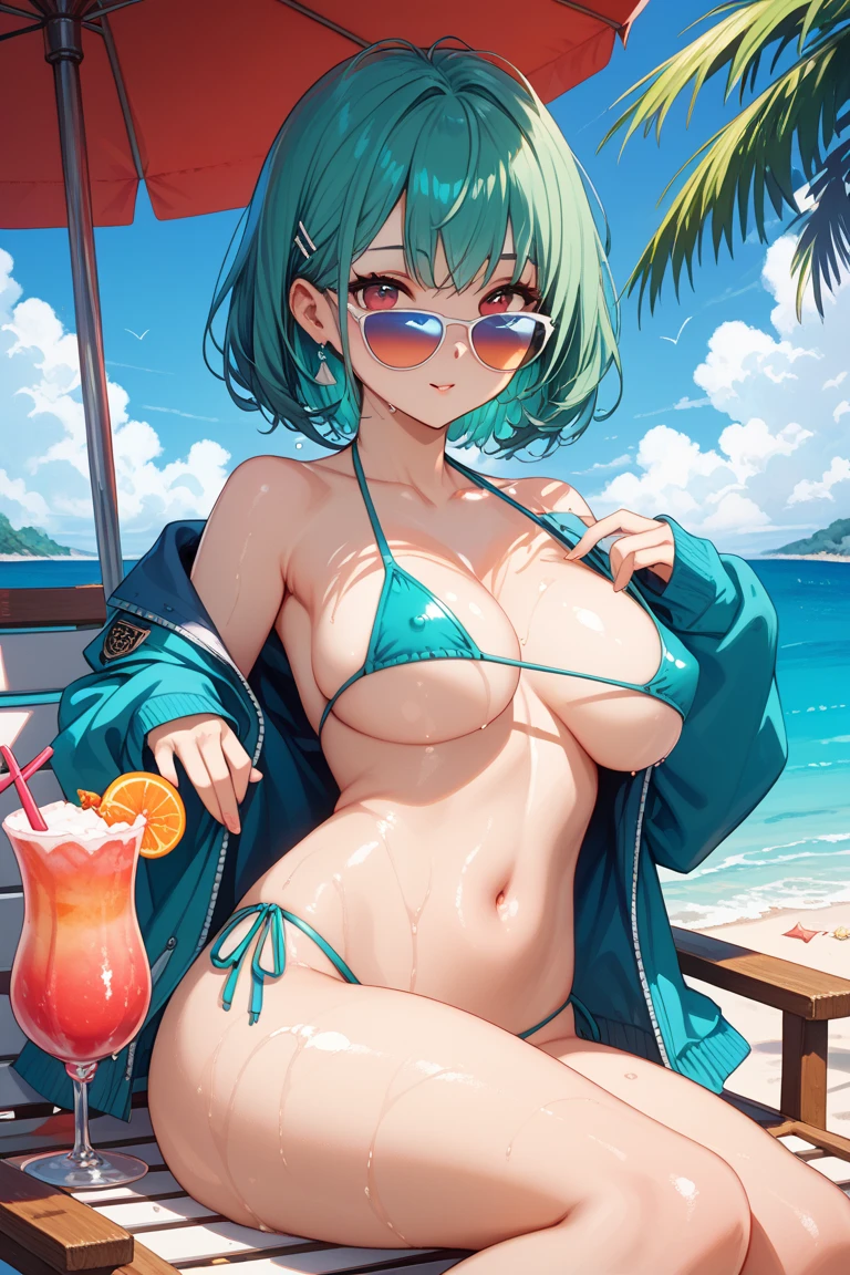 solo, {1girl, solo, 53 years old, milf, teal and green hair, messy hair, asymmetrical hair, ahoge, very short hair, aqua eyes, medium breasts, pale skin, glasses}, bathrobe, (deep blush:1.3), volumetric lighting, night, lounger, open clothes, nipples, spread legs, (hands between legs:1.3)