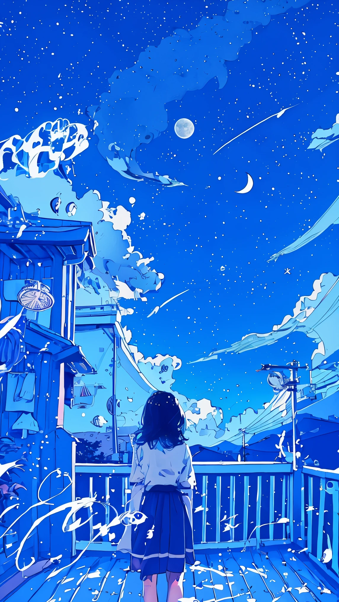 summer night、Rear View of a Pretty Girl Staring at the Milky Way、Dreaming Alone Girl、Majestic Milky Way and Clear Starry Sky、Night Clouds Illuminated by the Moon