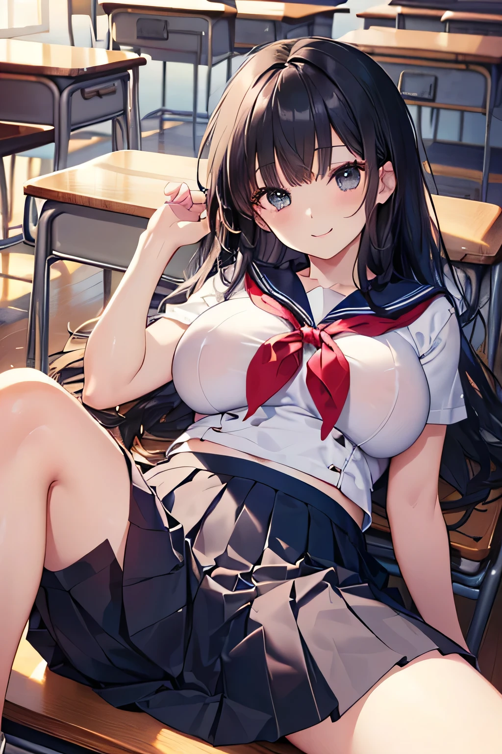 One girl, highest quality, Super detailed, masterpiece, Ultra-high resolution, 8k, Embarrassing, blush, Lovely, Close one eye, With tears in her eyes and her mouth open, What saliva leaves behind, (arms behind head), wariza, sailor uniform, cleavage out, crop top navel, Sticky white lace panties,  Classroom Background, (Videl:1.4), The skirt is accidentally exposed,large breasts, Accidentally exposed panties, Absolute area, Black knee socks
