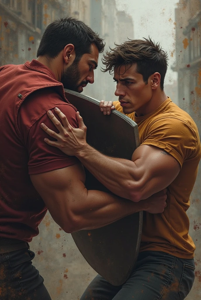 Two policemen muscle thief without a coat, all Only wear leather shorts!! handsome, muscle, chest hair, gay art, Finnish Tom style, film texture, blurred background, close-up of the protagonist Tie it with a rope! Handcuffs! Only wear leather shorts!! Open bulletproof vest