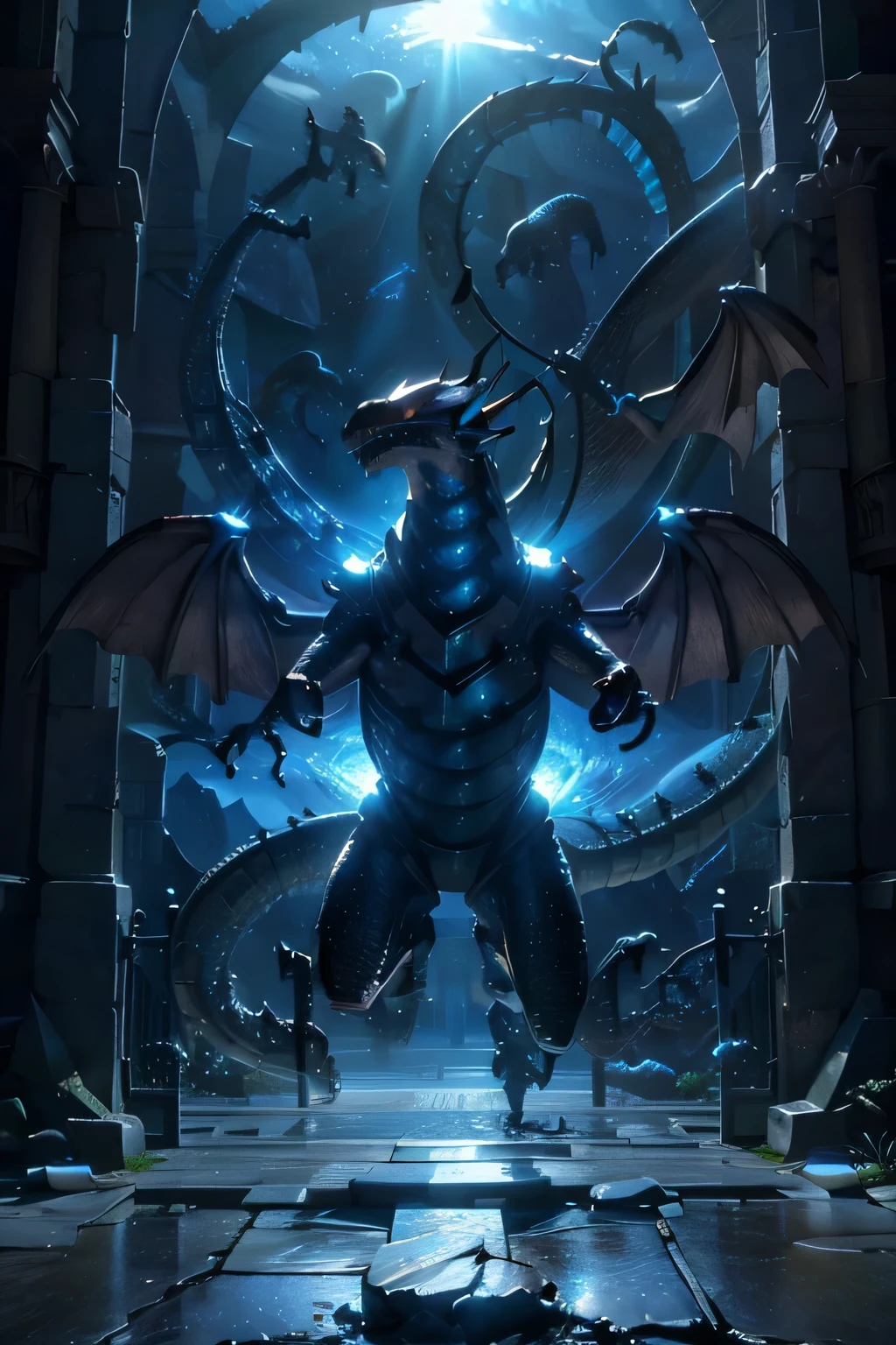 Stargate, scenery, reflection, blue theme, light, rock, (ruins, pillar, temple),
bewdragon, (Dragon jumping out of the gate:1.5),
feral, bewdragon, hi res, soft shading, good anatomy, cinematic lighting, by woolrool, crayon \(artist\),buta99, detailed background, outdoors, blue eyes, wings, white scales, (detailed scales), white claws, sharp teeth, (Spreading its wings and flying in the sky),