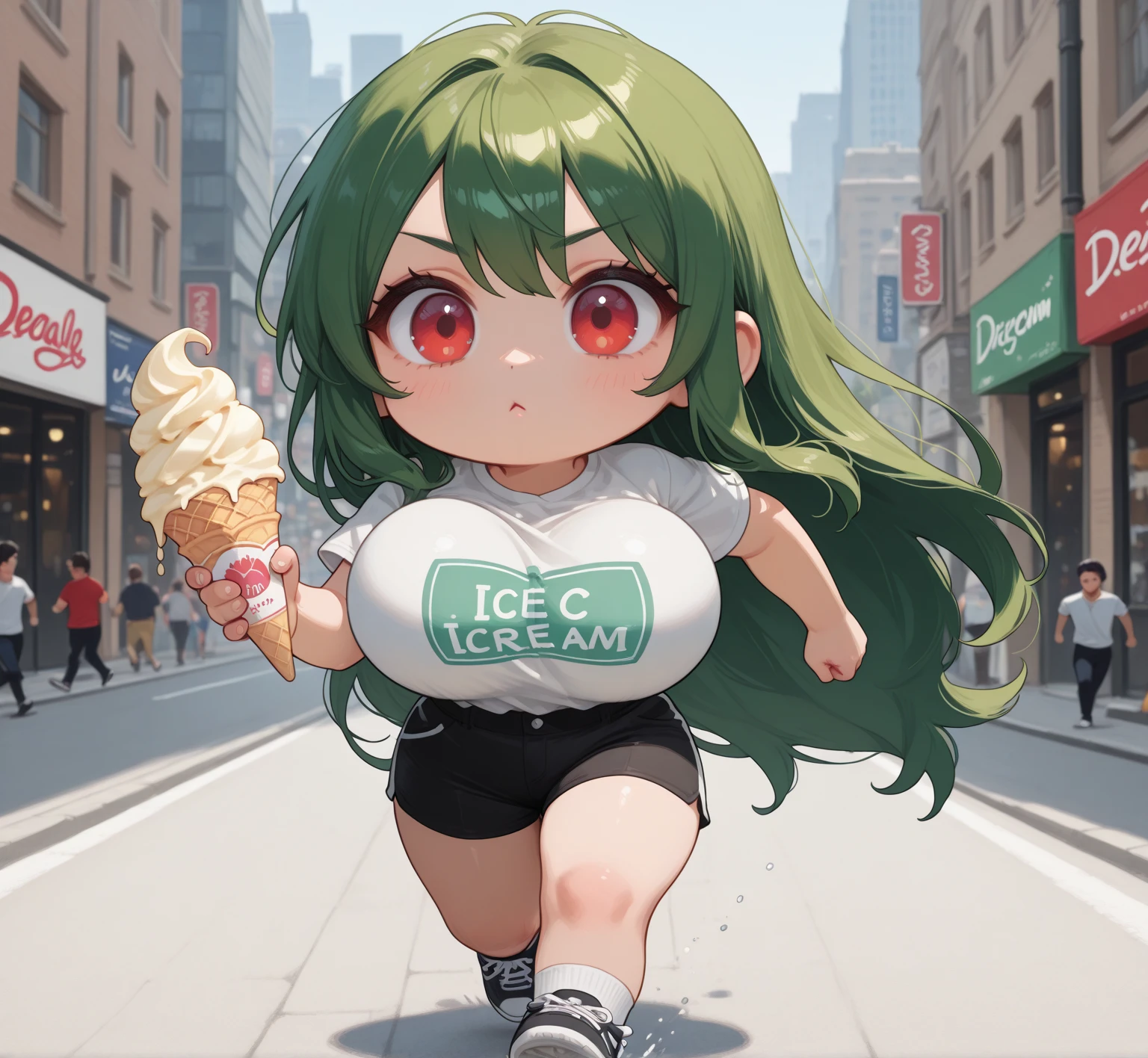 By mantis-x, astolfo saber, latex t-shirt , tight pants , stomach bulge, sexy, eating ice-cream, orgasm expression, blush, sunglasses, standing, on the street