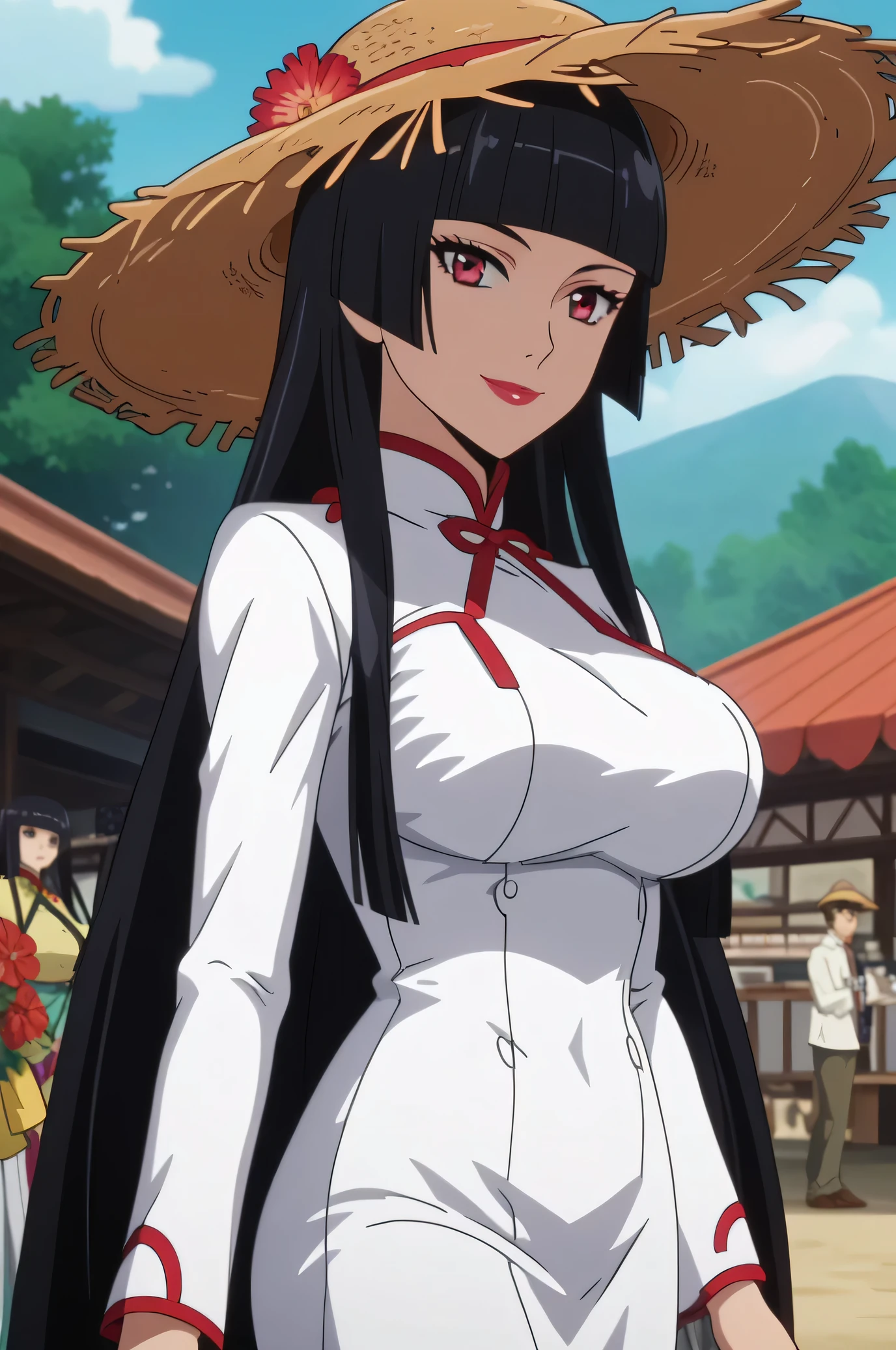 score_7_up, anime screencap,
RoryMercury,
1girl, closed mouth, light smile,
long hair, black hair, red eyes, hime cut, blunt bangs, lipstick, Conical Straw Hat,
over shoulder, Big breasts, vietnamese dress ao dai, pants, long sleeves,
solo, cowboy shot, Boutdoors,