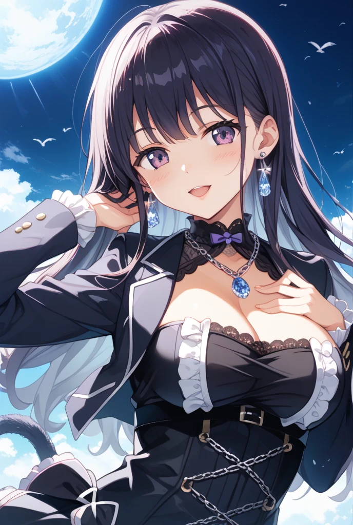 Long black hair、black eye、Female in her early 20s、Face close-up、A kind smile、The background is a castle、Feminine clothes、accessories