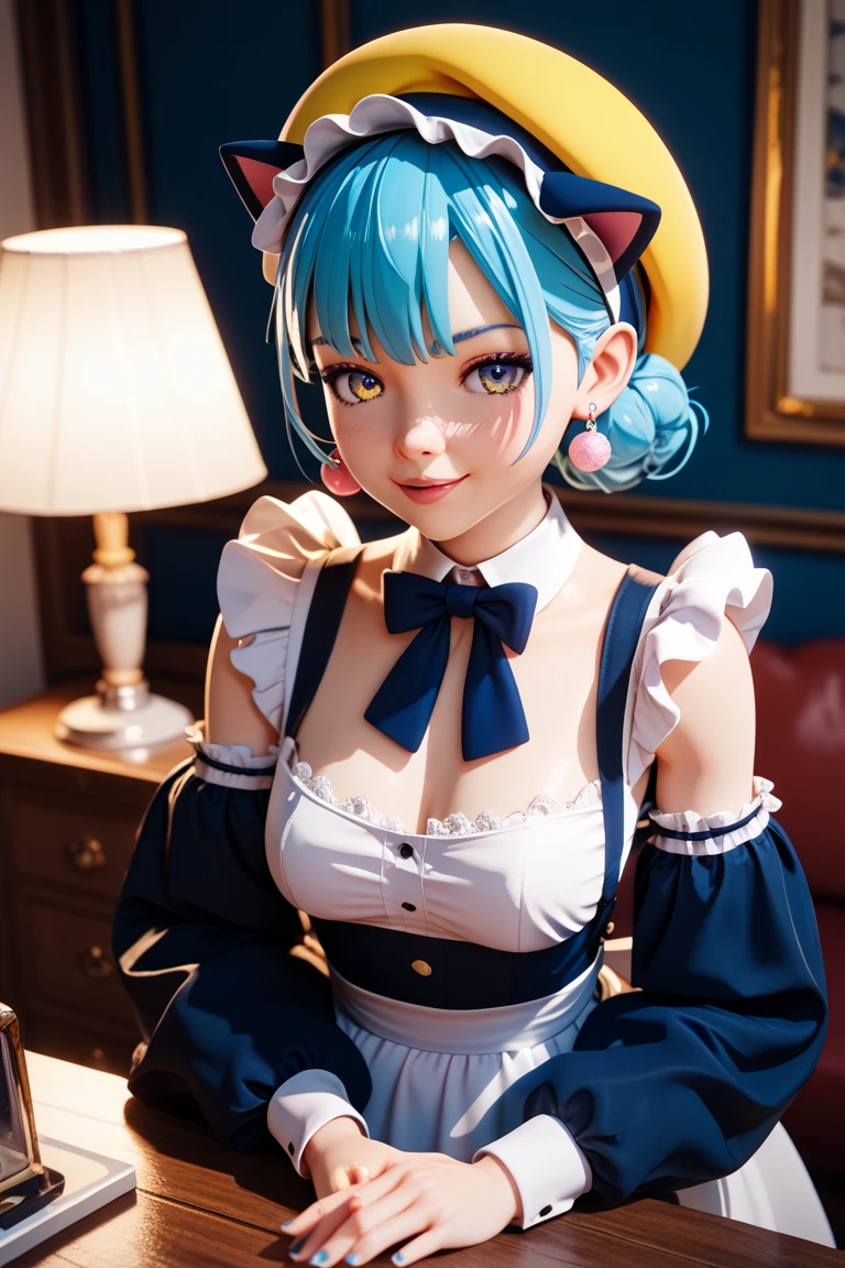 masterpiece, best quality, ultra detailed, beautiful shading, cinematic ligthing, studio lights, cute, kawaii, cowgirl, cow ears, spots, cute pastel colors, spots on ears in pastel pink, pastel blue rainbow hair, hair highlights, dressed in maido dreaming maid outfit, japanese maid cafe outfit, adorable, mature woman, big breasts, decora, many accessories, hairclips, ornaments, hair ornament, stars, hearts, twinkles, clips, twizzers, bells, cowbell, pastel pink maid outfit, pastel pink sleeves, yellow details, cat