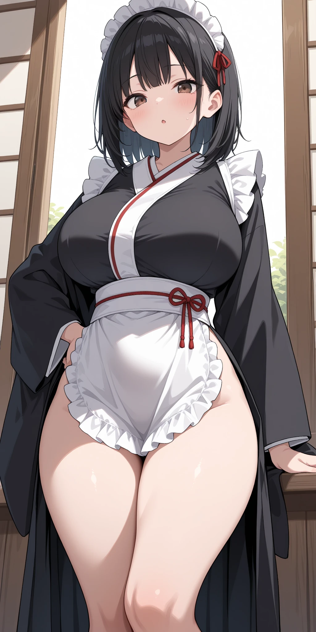 choker, maid headdress, black kimono, wide sleeves, frills, obi, white apron, sleeves past wrists, skirt, red skirt, brown footwear, cross-laced footwear、Huge breasts、Pregnant women