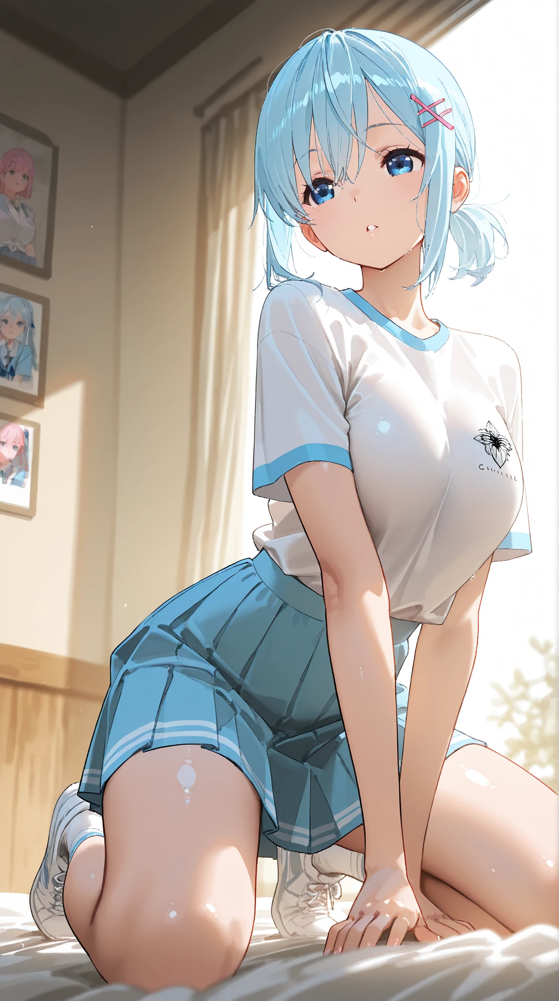 nffsw ,tre anatomically correct,4K,top-quality, Top resolution, 1 , ((((Small body)))),(Gamine),((10 years ole T-shirt))), ((blush)), ((agitation)), Face Focus, a miniskirt, (((lift up skirt))), (White panty), Erect, (Cameltoe), (((Sweat)))
