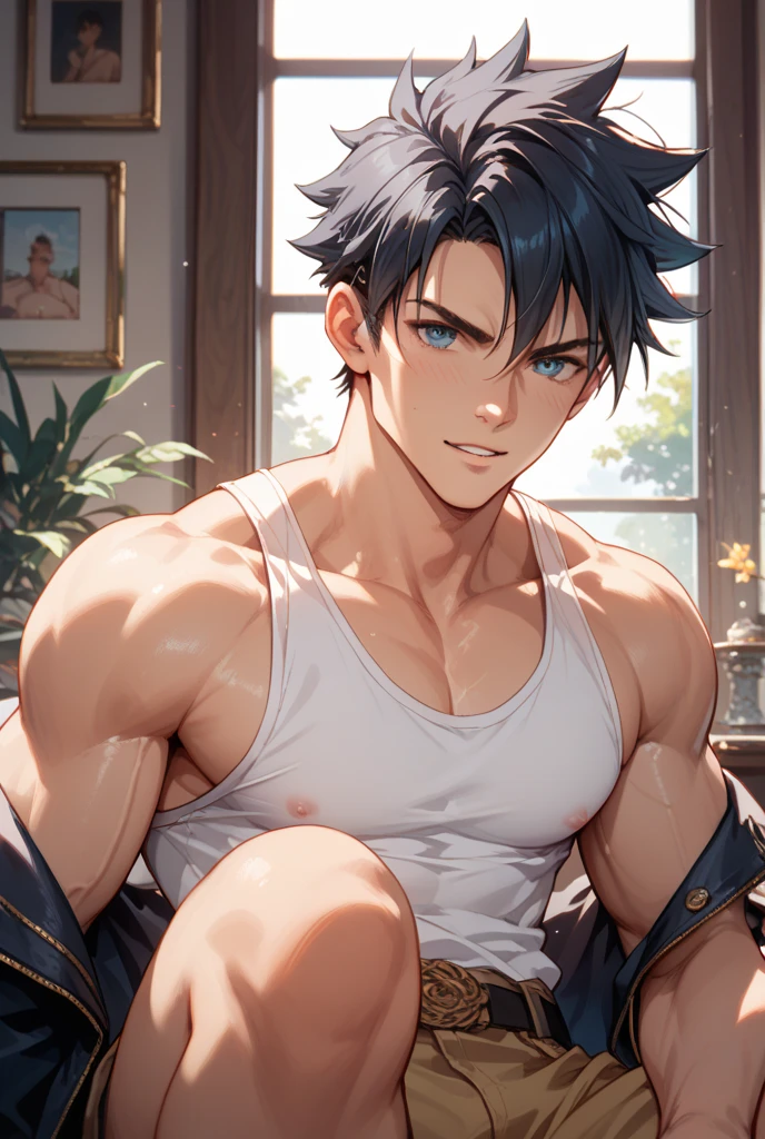  (best quality), [masterpiece], Sexy pose, (((blush)))4K, high quality, Divine Light, beautiful, Good lighting, (absurdes, high resolution, Extremely detailed),(((A 30-year-old man))), ((Mature and handsome man)), blush的笑，Seductive expression, Solitary, muscular, Muscle Man, High target, handsome guy, Big biceps, Abdominal muscles, thigh, Broad shoulders, Open the chest,, Black short hair,sweat, Sweaty hair, Shirtless, Sit on the bed and relax, Black shorts, Viewers Watching, high resolution:1.2, best quality, Upper body shooting, Flat style, Ambiguous room background, Low photographic angle, Volumetric Lighting, Depth of Field, shadow,Romantic environment, promote, Flash, Flash panties, debauchery, promote, Brown, Flash, Flash panties, debauchery