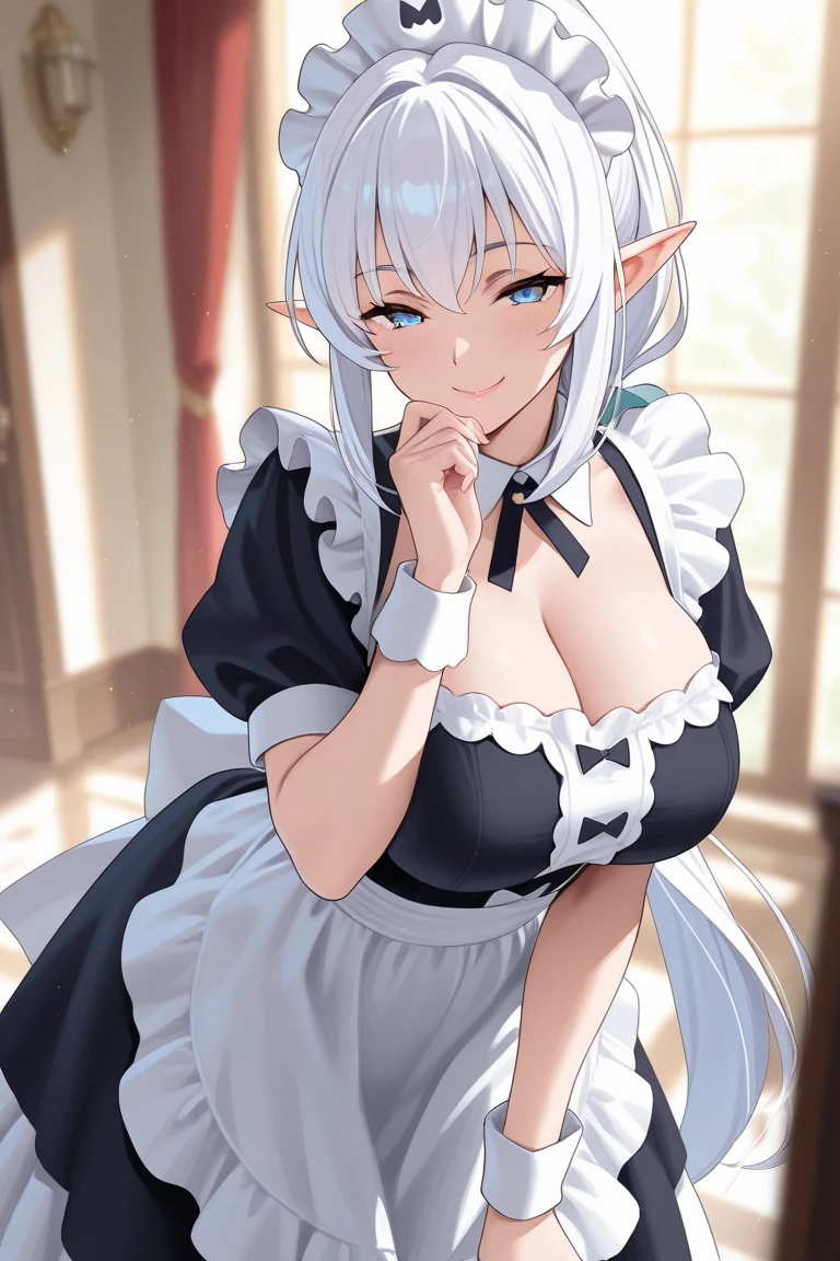 a beautiful women, (Elf Queen:1.4) sit on the throne,(neko maid clothes:1.8) , perfect face, full body, victorian era, noble dress, complicated decoration, spelling, talking, smiling, arms behind back, soft rim light, beautiful detailed sky, masterpiece, ultra high res, huge breasts, gigantic tits, big chest, big women