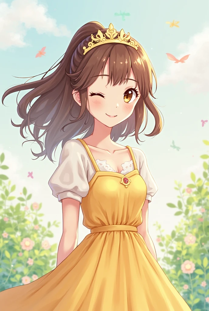 looking back, upturned eyes, masterpiece、highest quality、 forehead, curly hair, A 25-year-old woman with light chestnut medium-long hair and brown eyes.、wearing a yellow off-shoulder blouse、smile, (shy:1.2), sitting、The background is a park、bold composition、Are standing、Upper body is shown、Alone、close up of your face