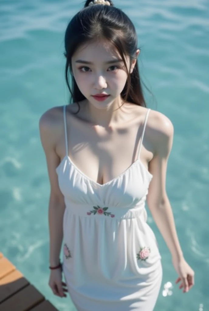 "(((best quality))), (((ultra detailed))), (((masterpiece))), illustration,((1 beautiful young girl,solo)),((slim,thin)),(vibrant floral swimsuit:1.3),((small breasts,flat chest)),(short ponytail:1.2),((shiny skin,sweat,wet)),seaside, summer, joyful, playful, physical features, smooth fair skin, gentle sea breeze, endless azure sky, picturesque backdrop, whiteness of sand, deep blues of the sea, waves crashing, internal turmoil, transformation, standing on the cusp of womanhood, confidence, sexuality, metaphorical plunge, next chapter of life,significance of the moment, beauty of the seaside, celebration of youth, excitement of summer ahead,((from front,upper body))