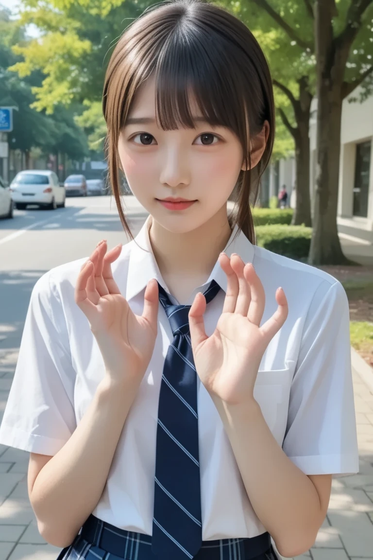 One Girl、uniform、Clothes are open、(Nipples、erection)、masterpiece、((highest quality))、Realistic、(Detailed light)、Short hair to the shoulders、17-year-old student、Japanese Height 、Short sleeve、summer、Captivating eyes、Nogizaka、Shibuya Ward、(Close-up)、Laughter、Walking down the street、Buckshot、((Close one eye))、Very detailed、uniform、Clothes are open、(Nipples、erection)