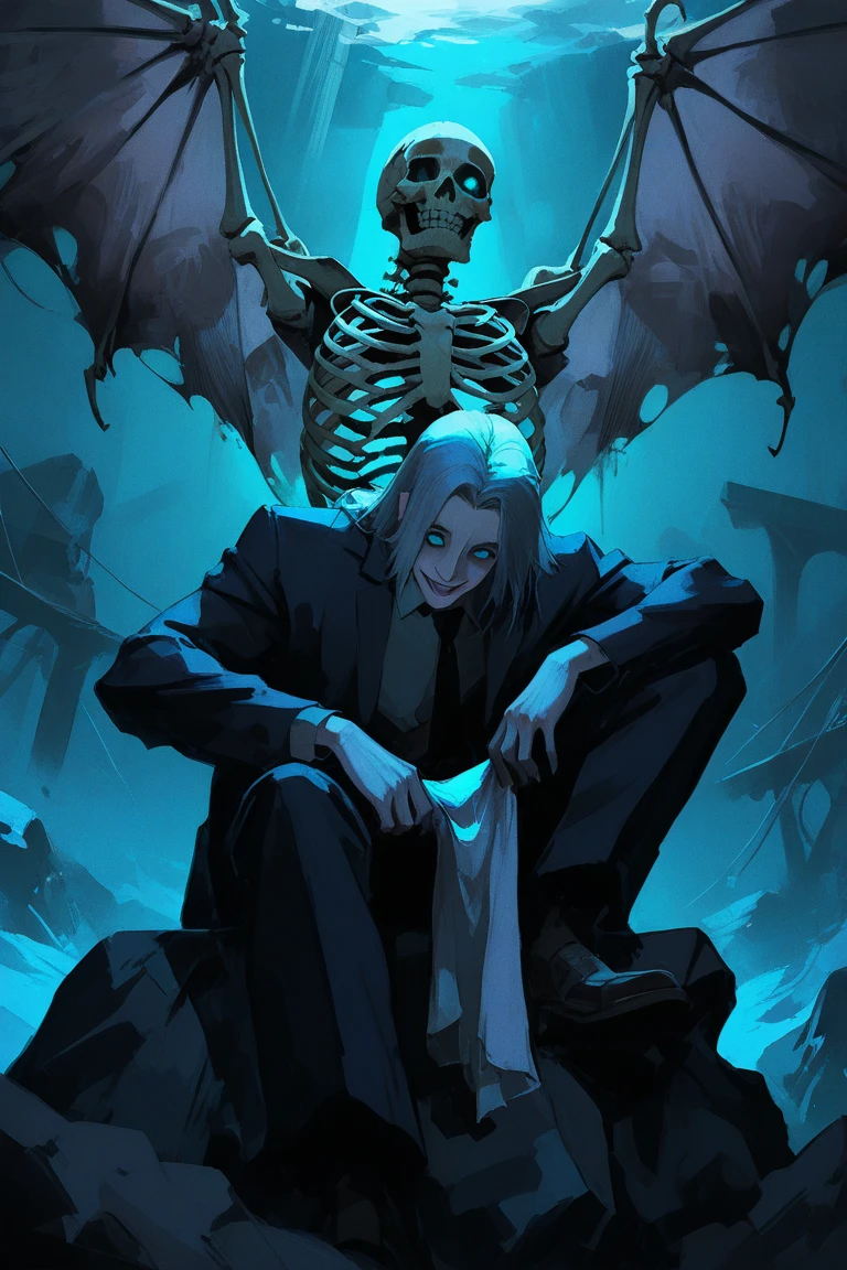 Create a cartoon style image of a funny looking skinny zombie sitting on a couch in the middle of an apocalyptic landscape. The whole image should be rounded on a black background