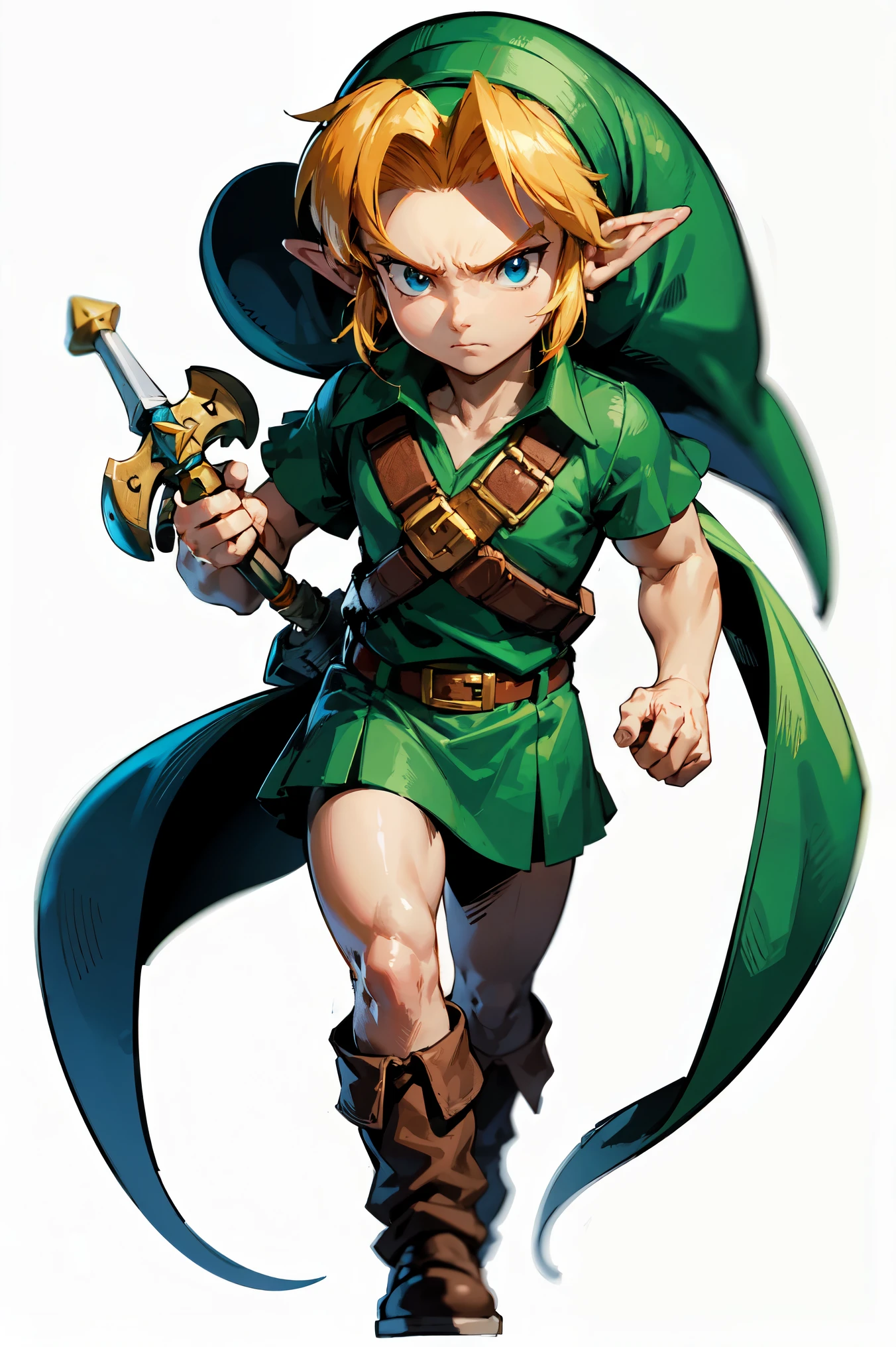 Link (The Legend of Zelda), full body, walking with an angry expression, holding his sword firmly in one hand, ultra-detailed, on a pure white background