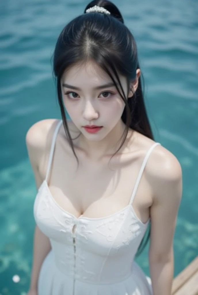 Kim jennie con el cabello negro oscuro, con rulos en las puntas del cabello negro oscuro, con un ganchito de estrella en el cabello negro oscuro, ojos de color claro, ojos bonitos, ojos llorosos, nariz bonita y respingada, labios bonitos, labios rosas, heart and cupid shaped lip, piel bonita, pale, piel blanca, con lunares y pecas en todo el rostro, rubor rosa suave en las mejilla, rubor rosa natural, maquillaje suave y rosa, jennie, cuellos bonito, cuello marcado, frown, mirada enojada, con un collar de beso, un collar bonito de beso, con un brasier de conchas del mar, mientras un brasier en forma de conchas de mar, con una falda roja, mientras tiene una falda suelta de color rojo, mientras tiene el abdomen desnudo, delgado, marcado y bonito, while under the sea, (pechos grandes, pechos suaves, pechos bonitos, pechos naturales), mirando a la camara, while his body is under the sea, autofoto