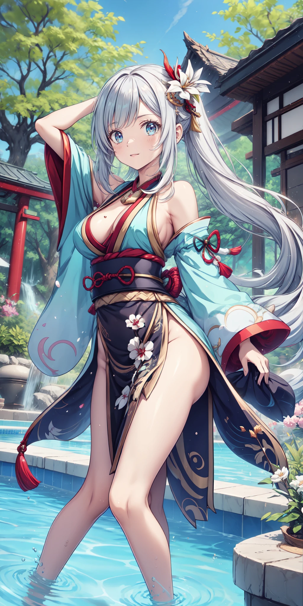 hight resolution, absurdres, best_Quality, Ultra_Detailled, 8K, extremely_clear, photo, beautiful, Beautiful face, Scharp Focus, HDR, 1girl, Clean eyes, very wide-eyed,old japanese town in the mountains in the background , Beautiful face, very red areola, standing , very seductive pose, very young, , no bra, bare chest, , naked, No Top, NSFW, gray hair with ponytail, bare, no clothing,