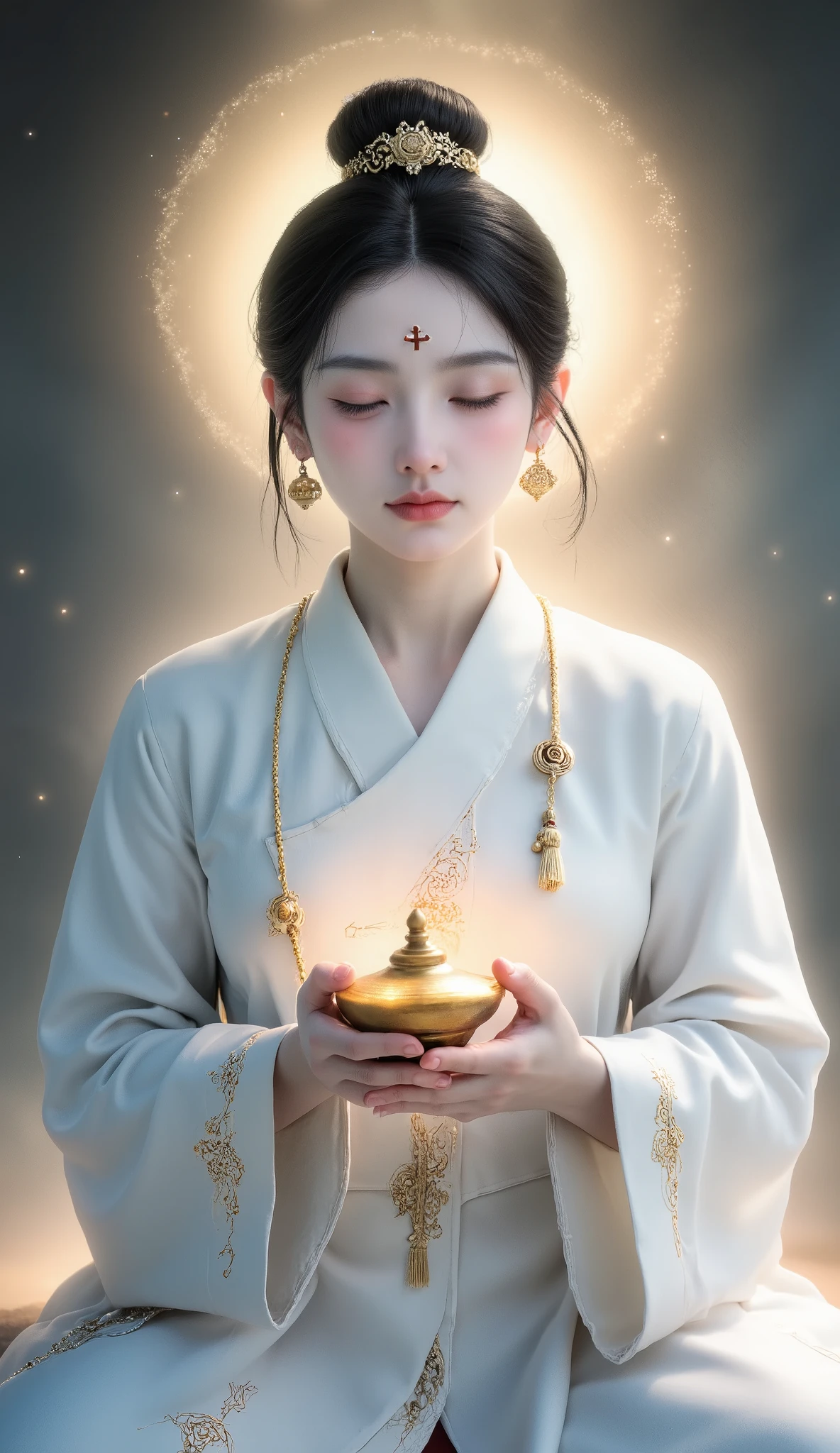 An Miaoyi wears a plain white Buddhist robe,She wears a moon-white cross-collared middle garment,The edge of the robe is embroidered with golden swastikas and lotus patterns,A simple Buddha bead hanging around her neck。Hairstyle is a low-hanging single spiral bun,A golden Buddha rope wrapped around her hair,A cinnabar Buddha seal on her forehead,Holding a gilded Buddha lamp,The corners of the lips are slightly raised,She looks compassionate and mysterious,A faint golden light lingers all around her。