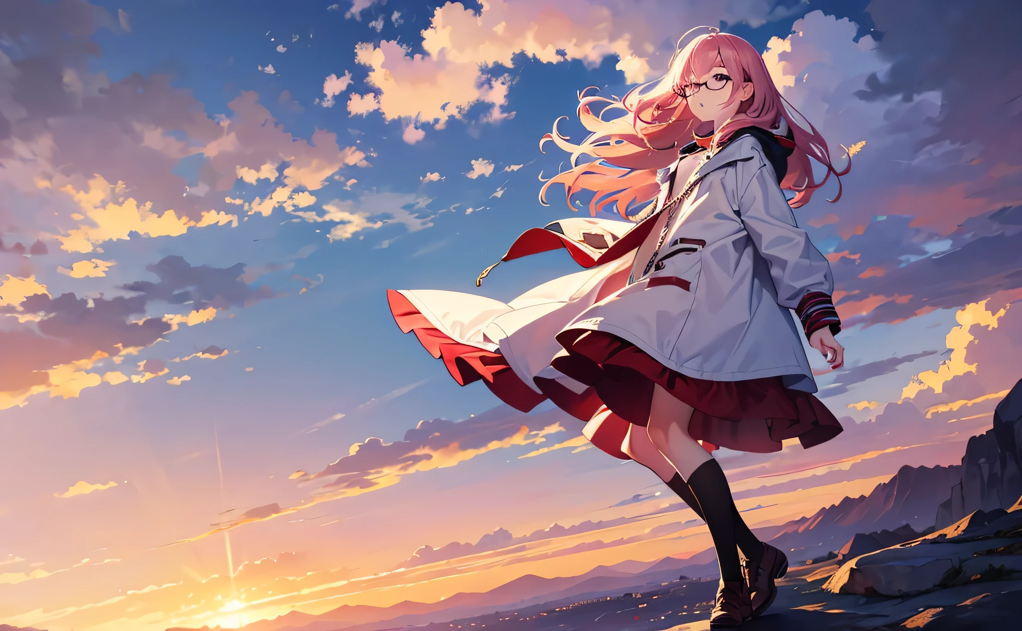 best quality, masterpiece, ultra-detailed, anime-style illustration, 1girl, skinny body, beautiful Korean girl, medium wavy pink hair, eyeglasses, soft detailed eyes, cute gentle pose, pastel sky background, fluffy white clouds, warm soft sunlight, flowing hair in breeze, dreamy atmosphere, colorful lighting, soft shading, delicate features, cinematic composition, vibrant colors, soothing scenery, on top of mountain, full body, far shoot, trendy colorful outfit, large jacket zipped